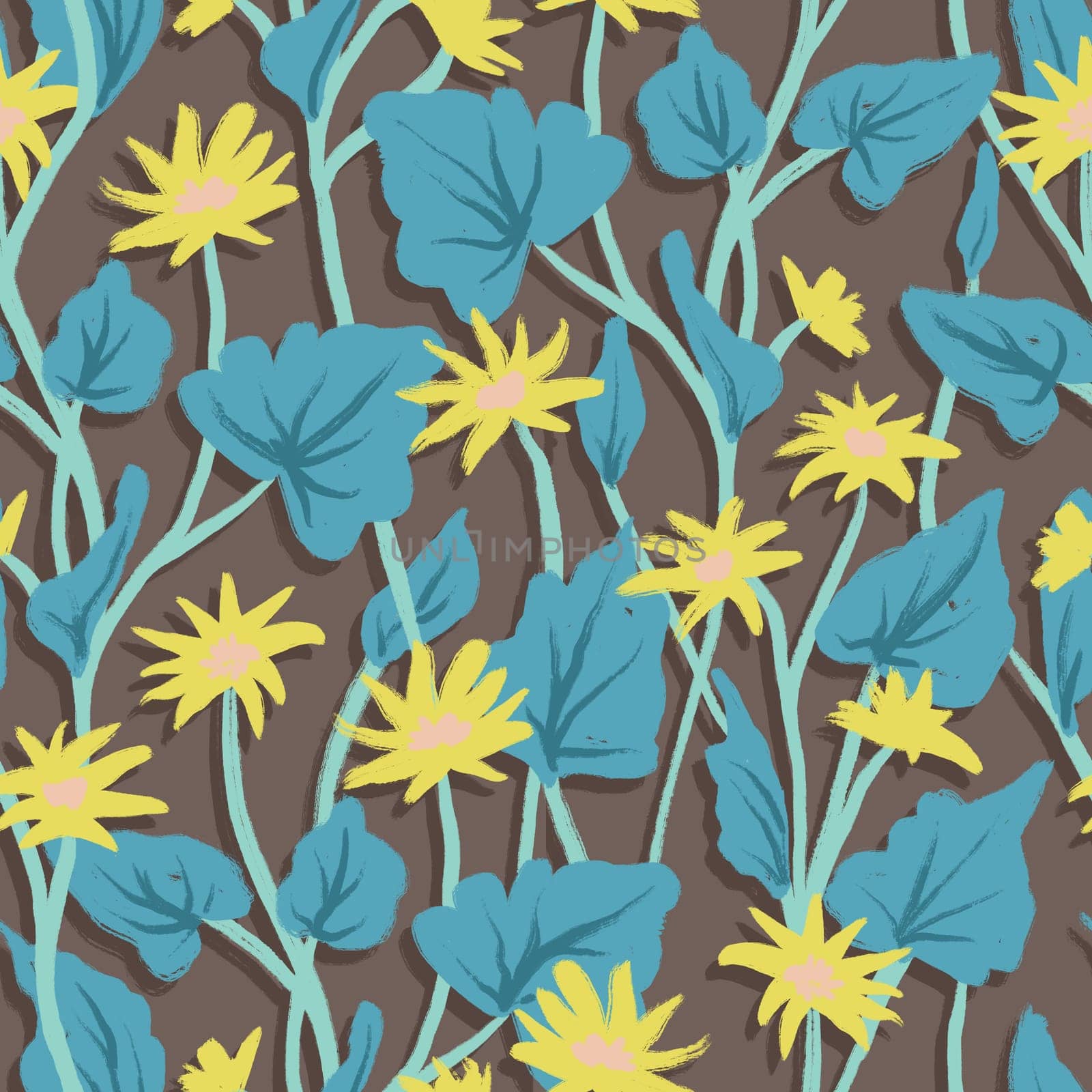 Hand drawn seamless pattern with yellow lesser celadine flower with blue leaves. Wildflower floral pastel calm print, garden forest wood plant, nature small buttercup bloom blossom