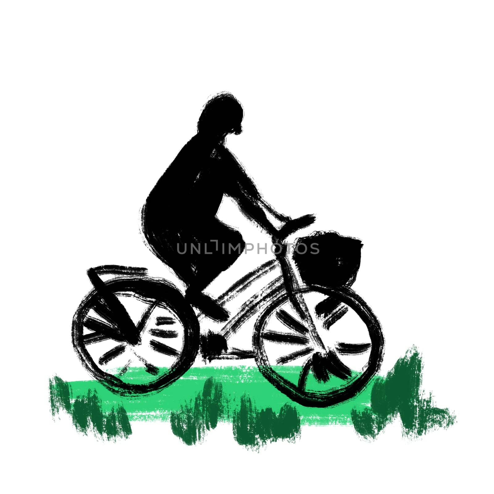 Hand drawn illustration of woman riding bicycle bike, black silhouette with green grass. City life transport transportation print, eco concept leisure activity outdoors, trendy active modern ride, sketch style