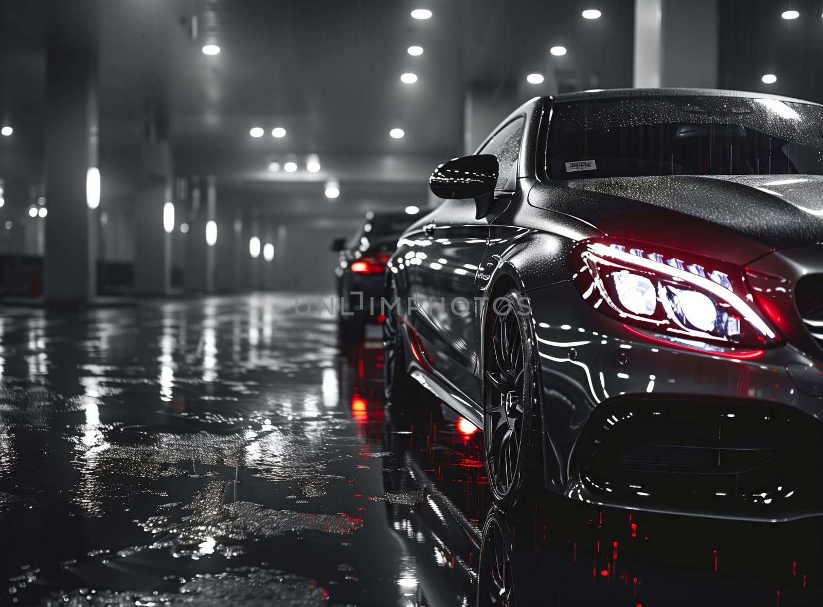 a black and white photo of a car parked in a parking lot at night by richwolf