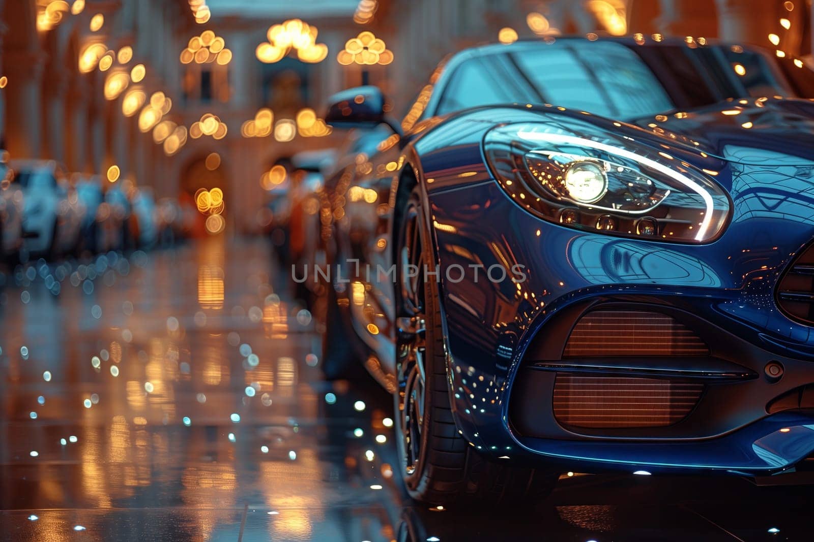 A sleek blue sports car rests on a rainy urban road at night, its parking lights casting a soft glow. The vehicles futuristic design and bright headlamps stand out in the dark cityscape