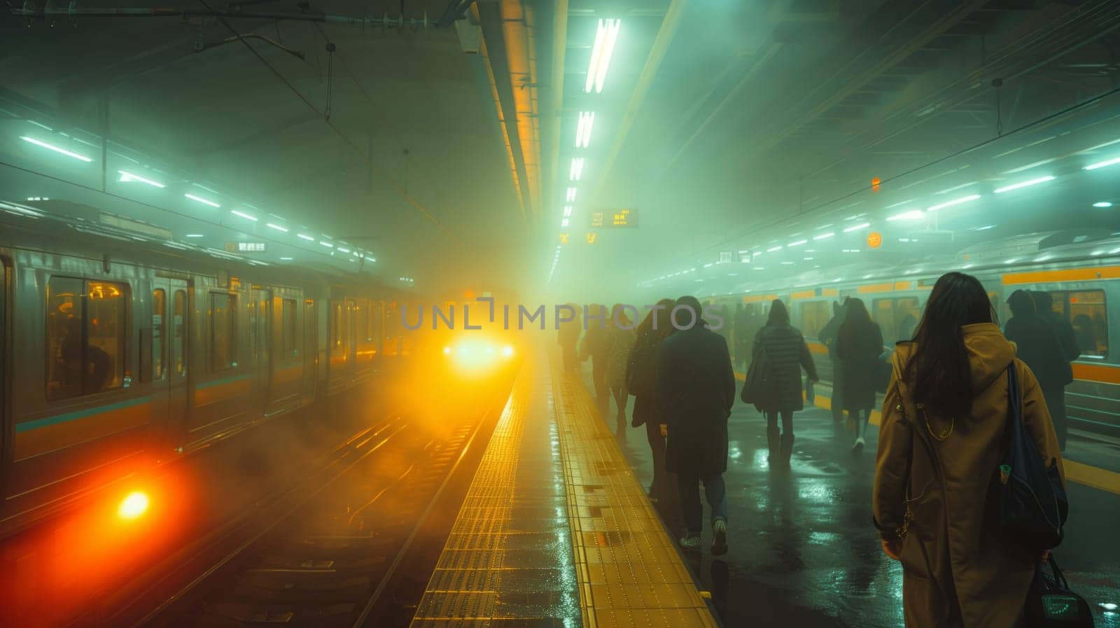 a group of people are walking on a train platform in a foggy subway station . High quality