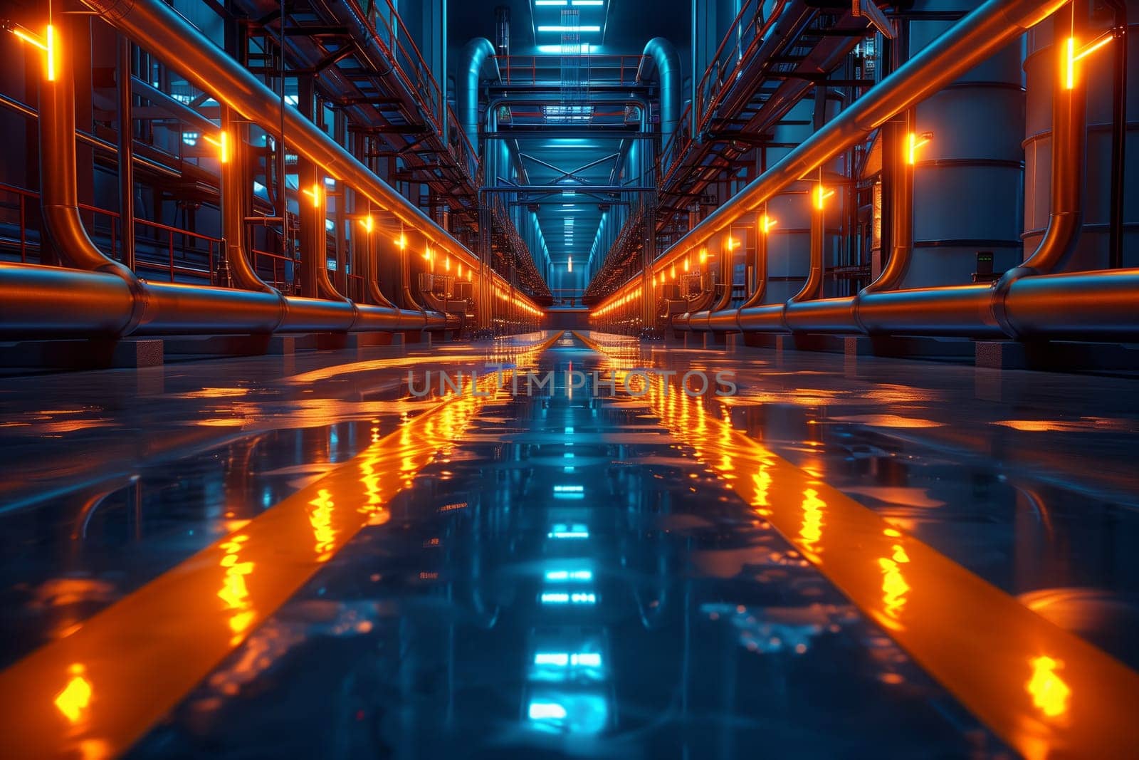 A city bridge with symmetrical automotive lighting is beautifully reflected in the electric blue water, showcasing the metropoliss engineering marvel and the magic of electricity