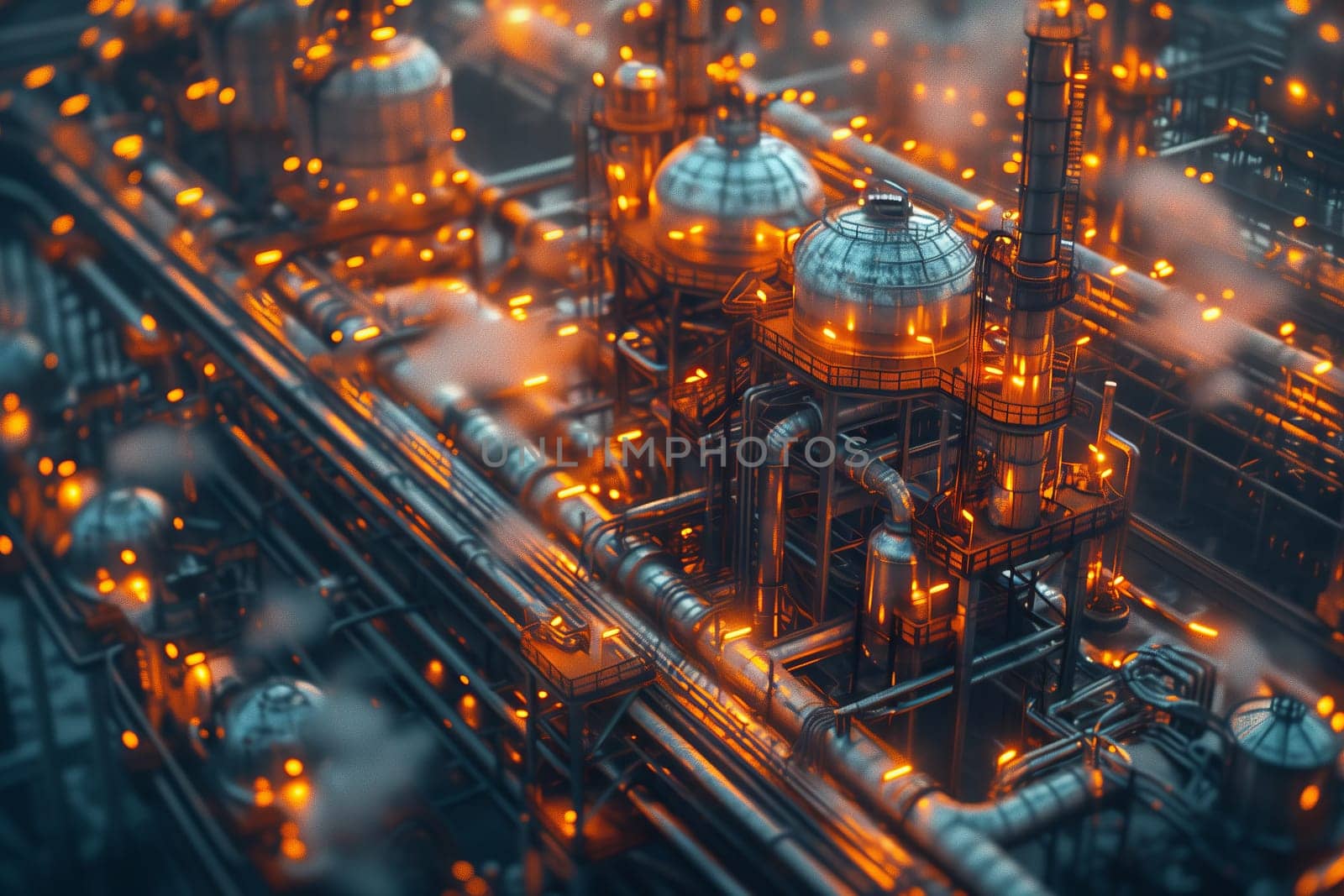 A birdseye view of a sprawling industrial plant with towering pipes emitting smoke, showcasing the blend of urban design and engineering in the city landscape