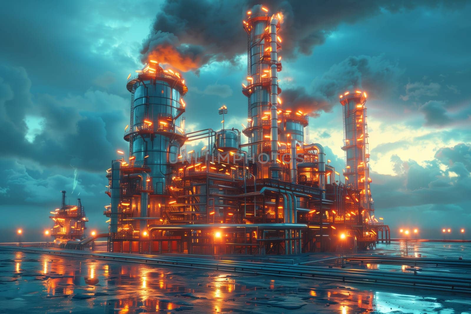 A large oil refinery lights up the night sky, with smoke billowing from chimneys by richwolf