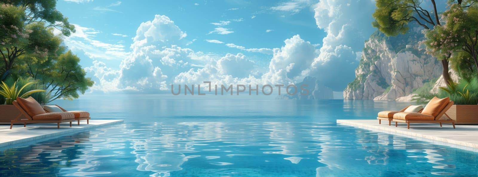 A serene swimming pool with chairs and trees, overlooking the ocean. The blue sky, fluffy white clouds, and natural landscape create a perfect place for travel and leisure