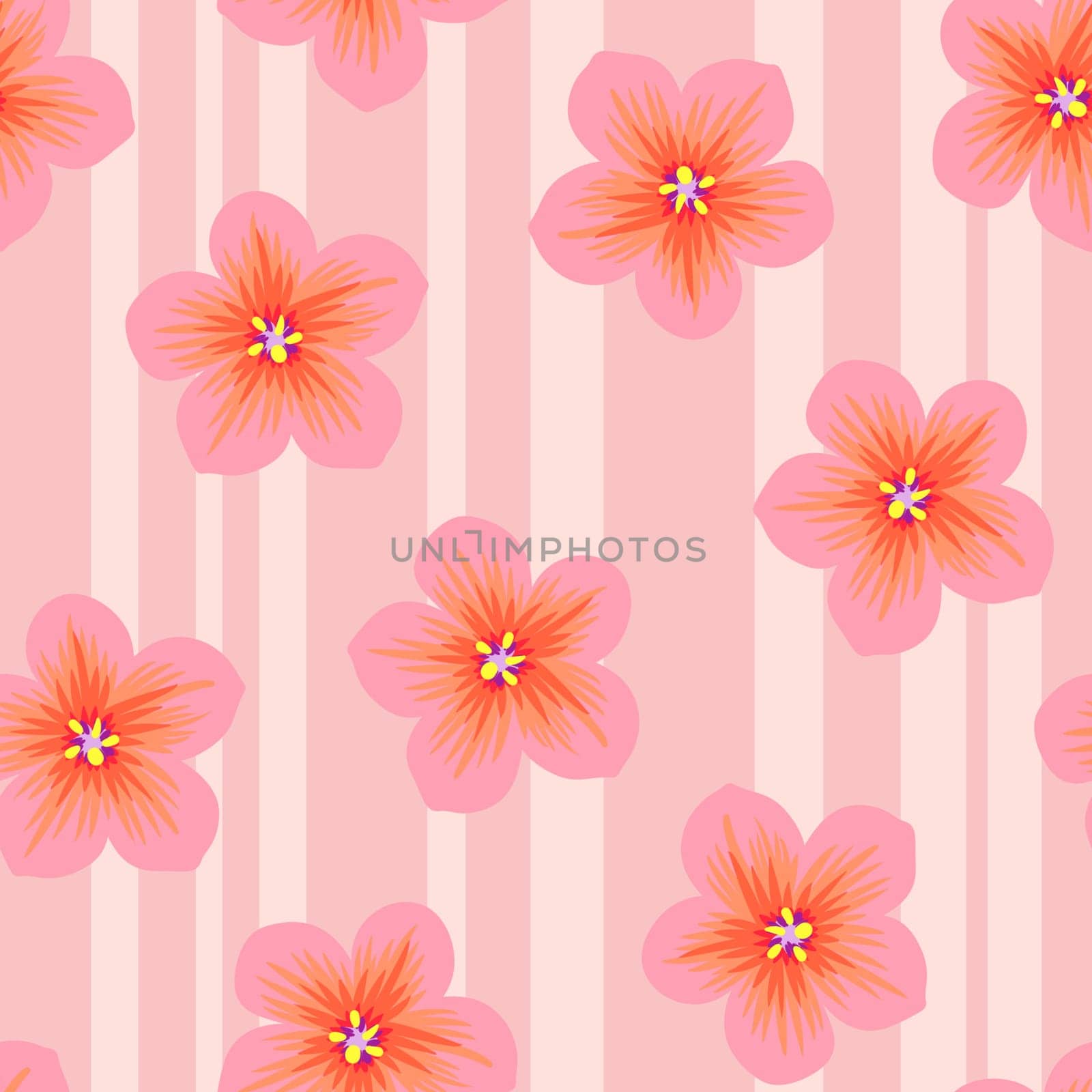 Hand drawn seamless pattern with floral flowers. Peach fuzz apricot orange ornament, simple retro pastel garden print with vintage ditsy elements. Color of the year design, trendy stripes. by Lagmar