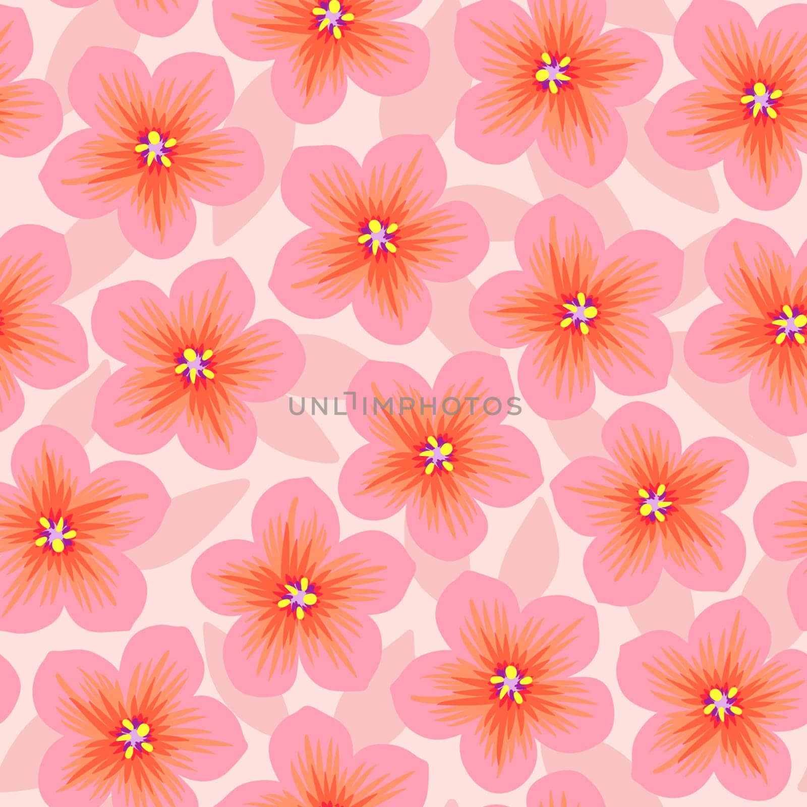 Hand drawn seamless pattern with floral flowers. Peach fuzz apricot orange ornament, simple retro pastel garden print with vintage ditsy elements. Color of the year design, trendy fabric background.