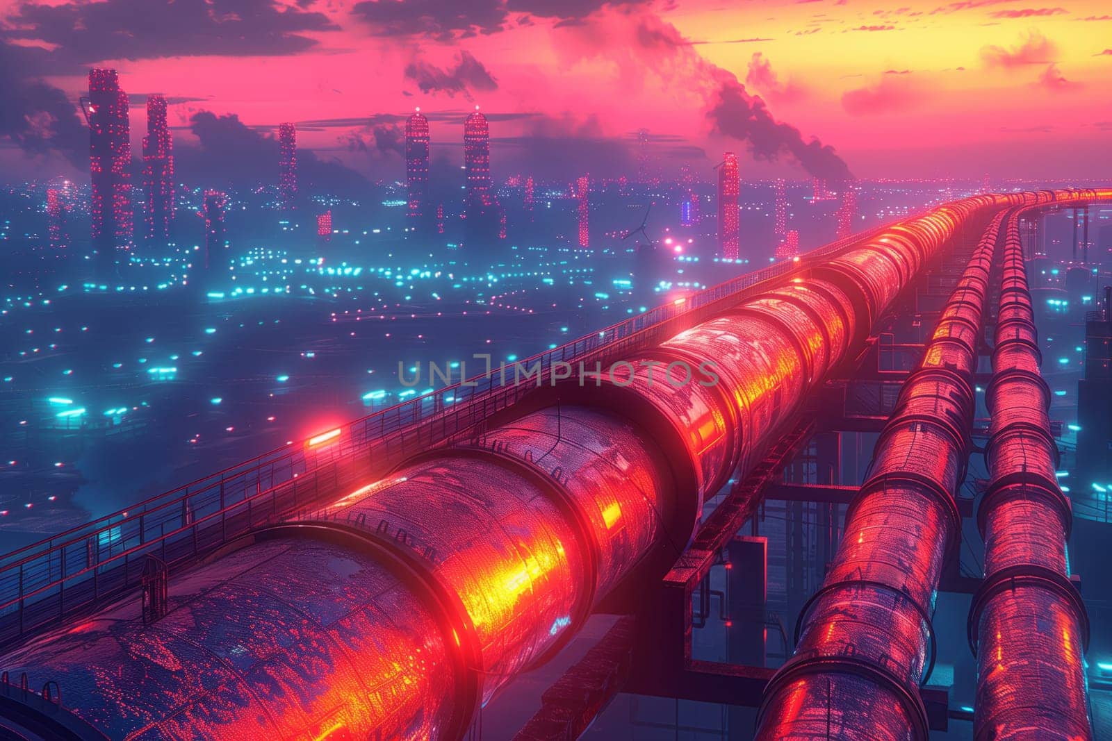 A network of pipes snakes through the city under a magenta sky at night by richwolf