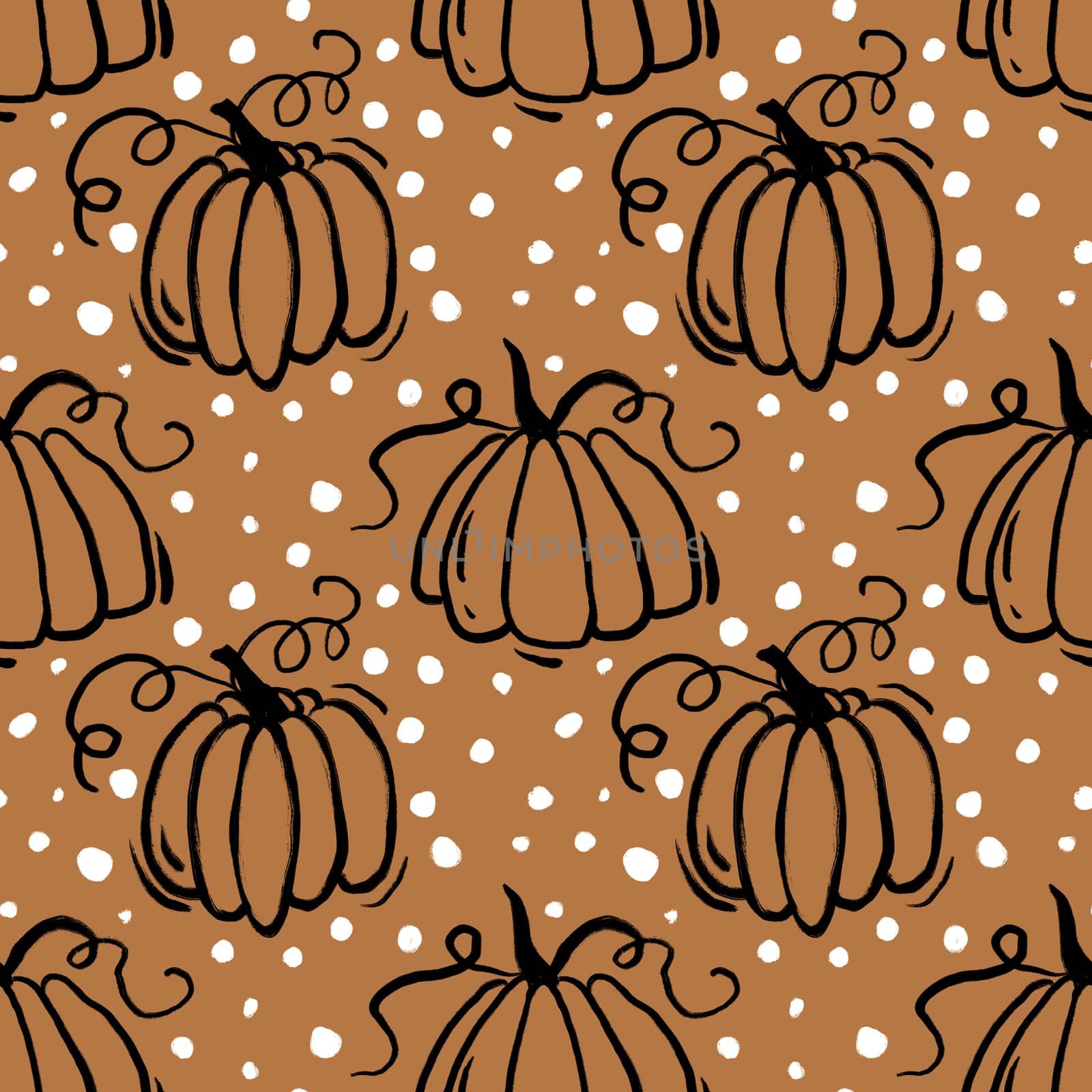 seamless hand drawn pattern on orange brown beige polka dot background ripe organic pumpkin squashes. For halloween thanksgiving design paper textile harvest celebration fall autumn season. by Lagmar