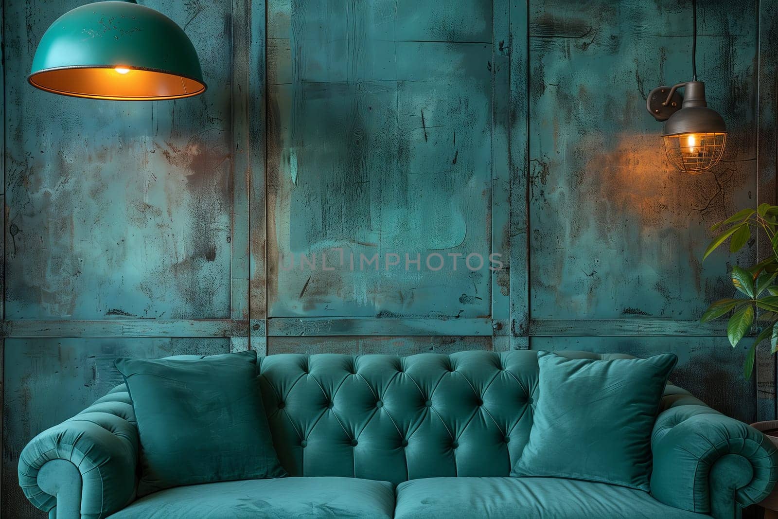 A blue couch is placed in front of a green wall in the living room, creating a calming and harmonious atmosphere with the combination of furniture and natureinspired colors