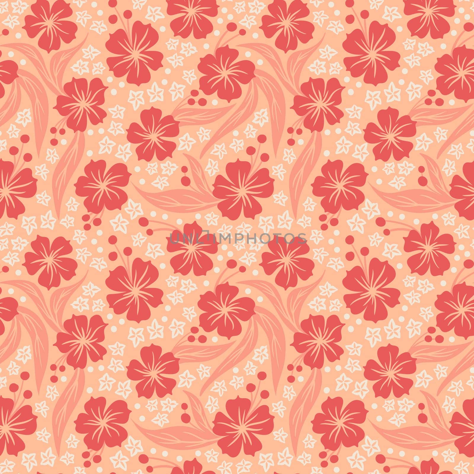 Hand drawn seamless pattern with floral flowers. Peach fuzz apricot orange ornament, simple retro pastel garden print with vintage ditsy elements. Color of the year design, trendy fabric background.. by Lagmar