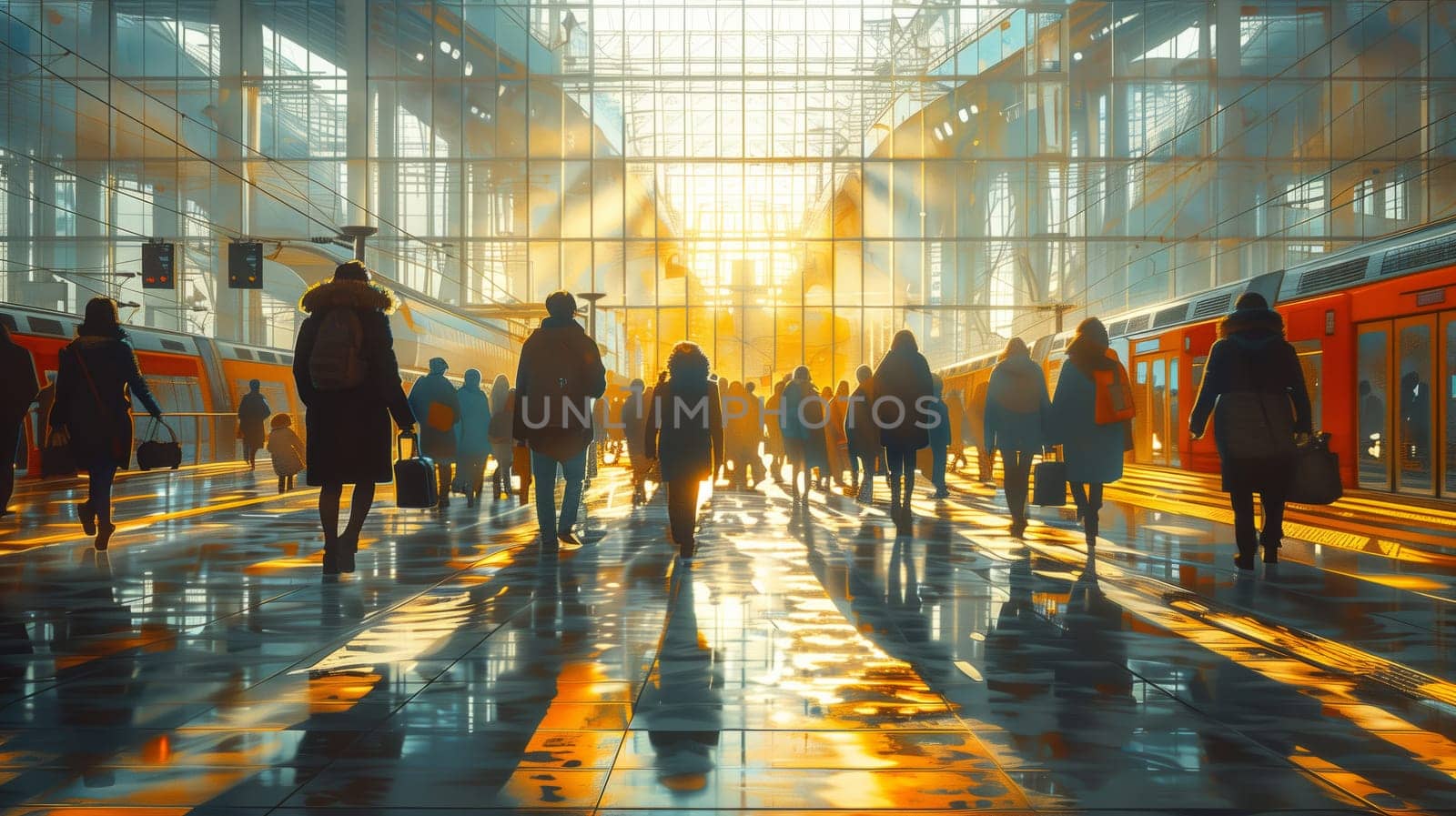a large group of people are walking through an airport terminal at sunset by richwolf