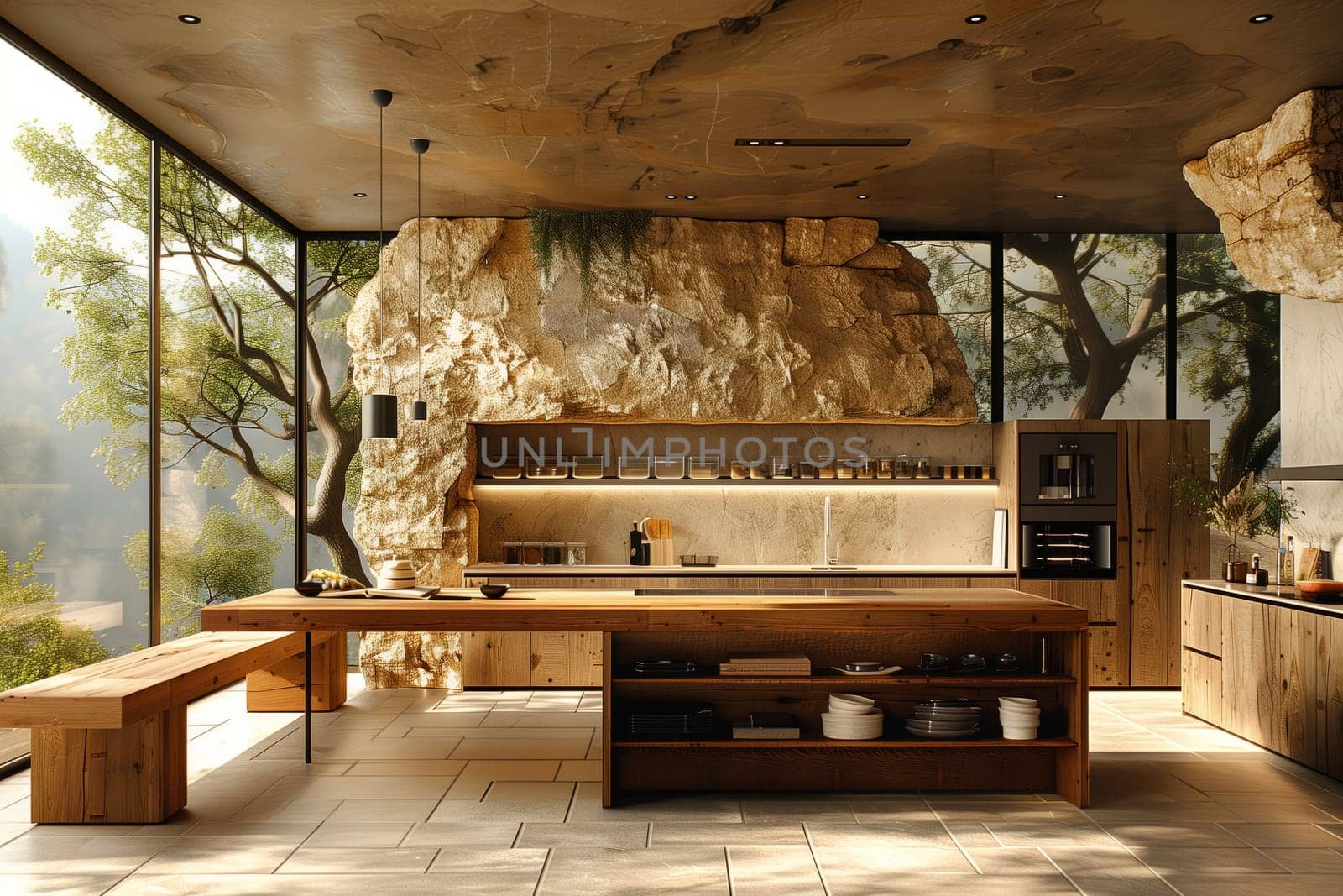 A kitchen featuring a large island made of hardwood planks, a table, and a bench, all showcasing the natural beauty of wood stains. The flooring complements the rustic landscape design
