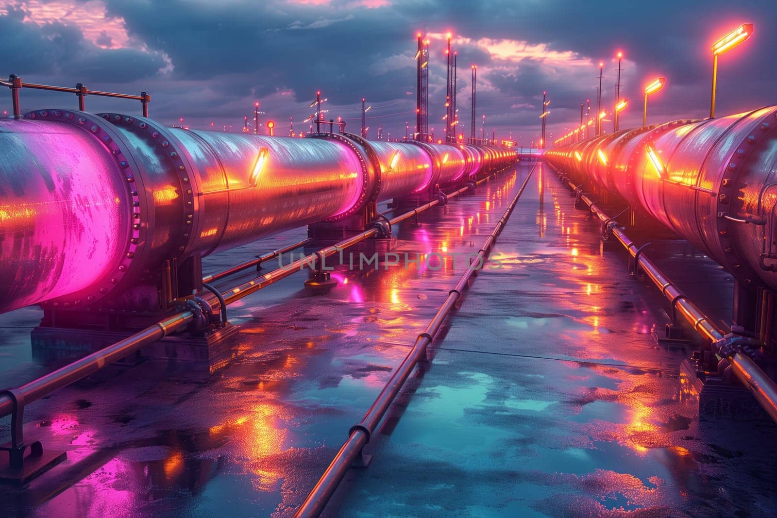 A row of pipes lining a bridge at night under a magenta sky by richwolf