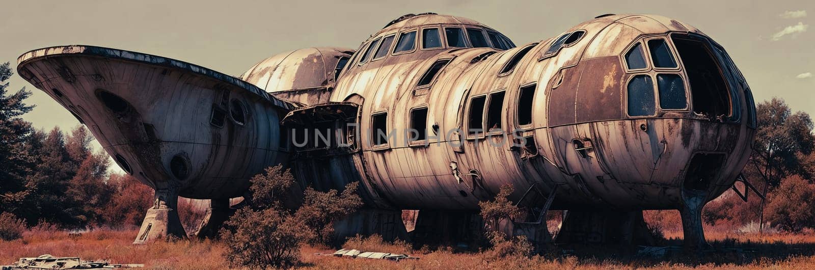 An abandoned spaceship on an alien planet, rusted metal, broken windows, overgrown vegetation reclaim the vessel. A scene of desolation and nature's triumph. Generative AI.