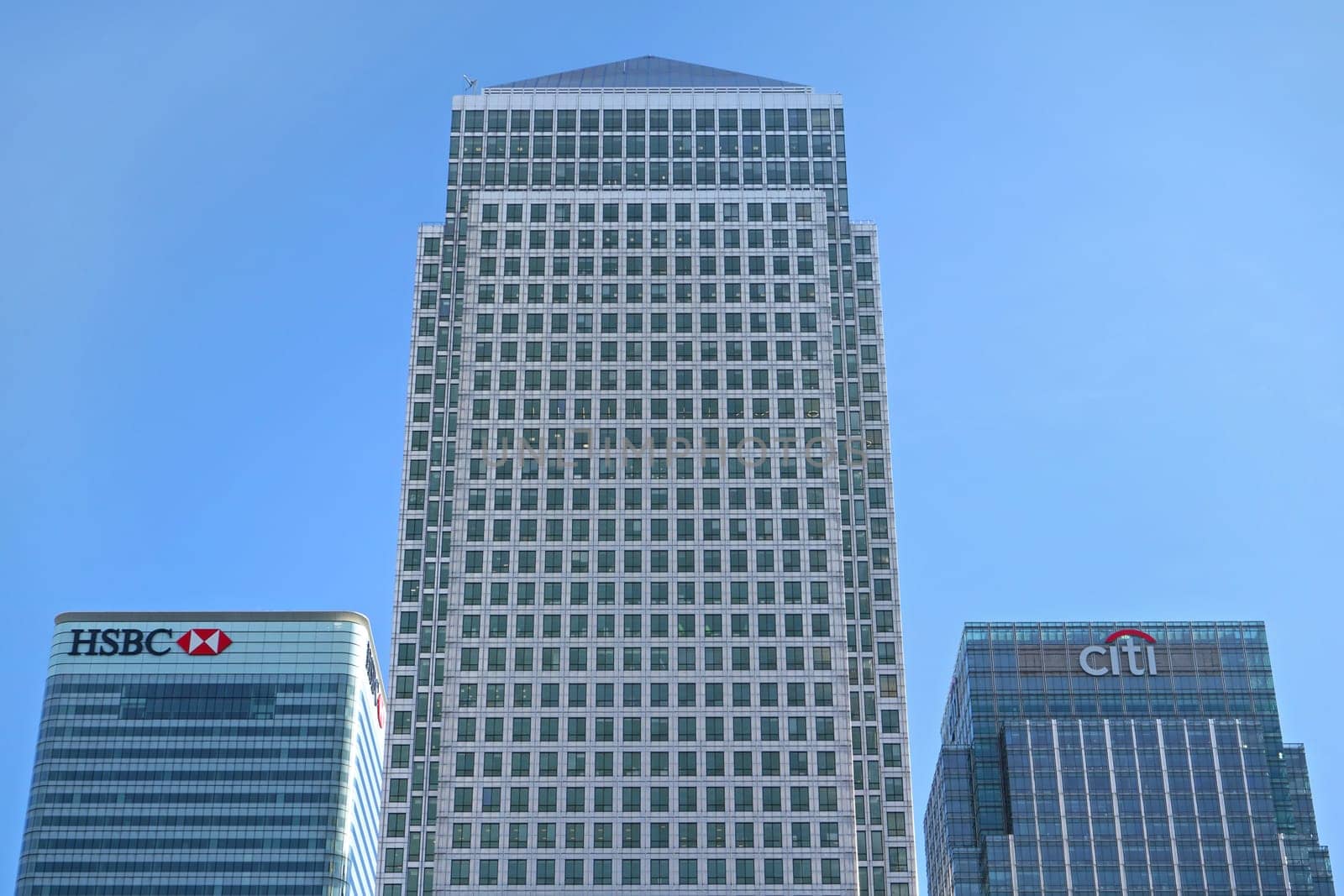 London, United Kingdom - February 03, 2019: Skyscrapers at Canary Wharf - One Canada Square building in middle, HSBC and Citi bank on sides. Many financial companies resides in this part of London