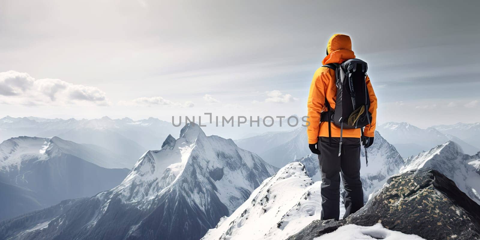 Active people in nature concept. Dressed bright orange jacket male backpacker enjoying the view as she have mountain walk. Tourist with a backpack and mountain panorama. Adventure concept
