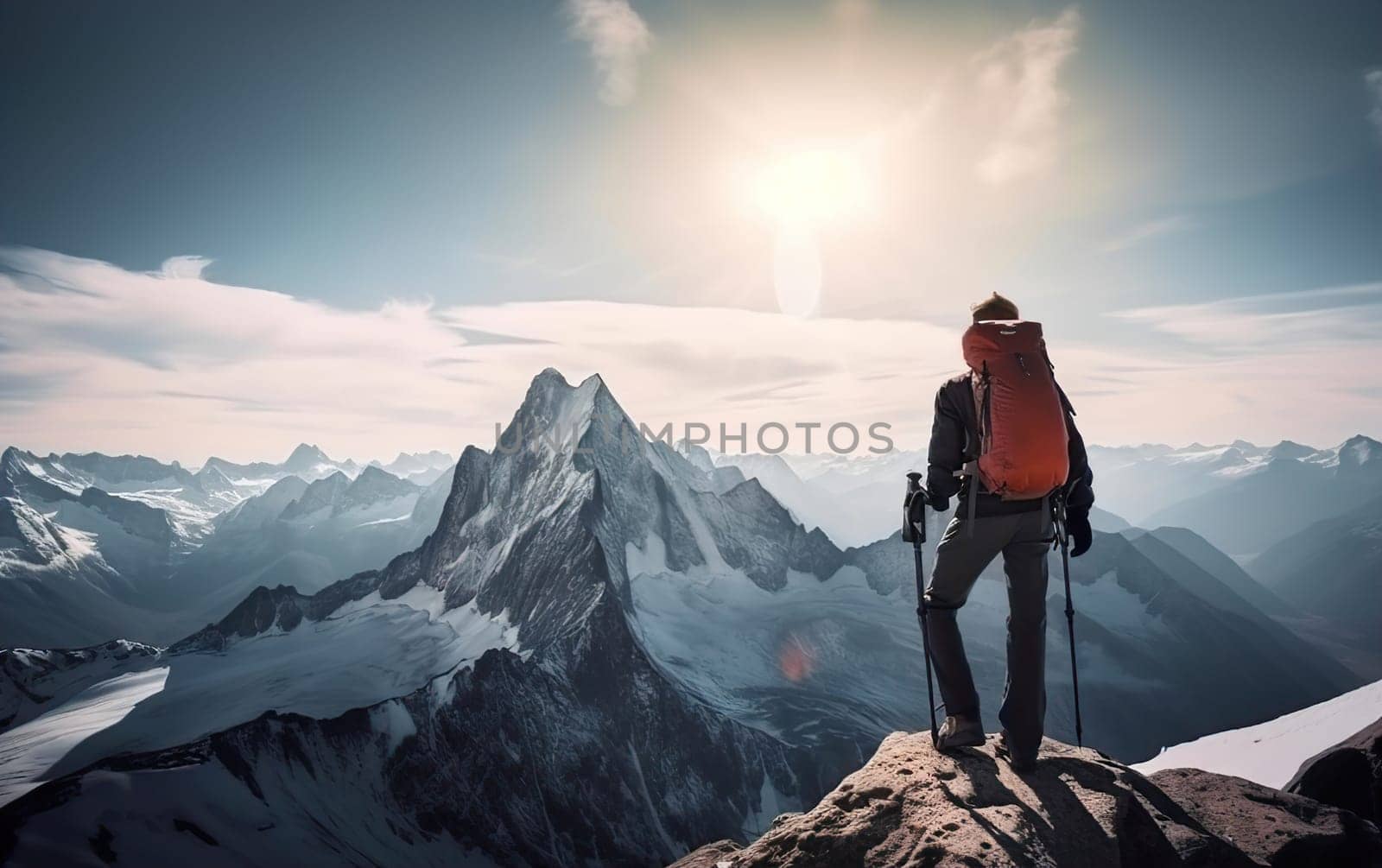 Active people in nature concept. Dressed bright orange jacket male backpacker enjoying the view as she have mountain walk. Tourist with a backpack and mountain panorama. Adventure concept