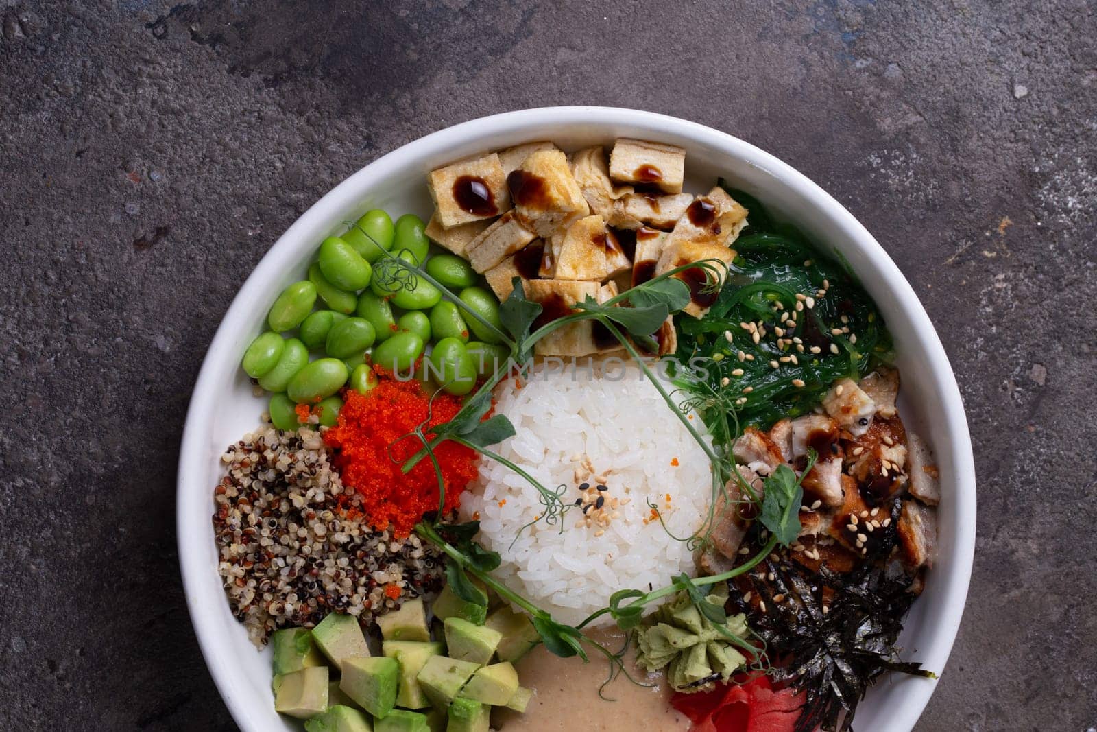 Top view Delightful Poke Bowl with Fresh Ingredients and Vibrant Colors by Pukhovskiy