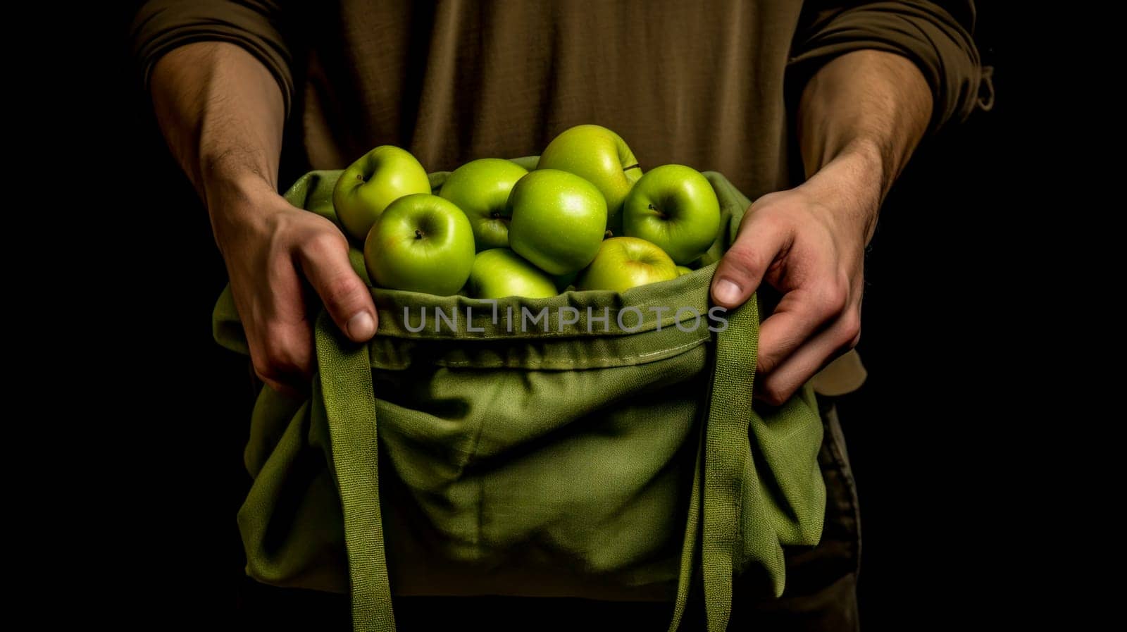 A man holds in his hands a large number of green apples in a bag made of natural fabric. The concept of recycling, saving, fighting plastic, proper nutrition, healthy lifestyle, diet, veganism, vegetarianism, gardening and farming, fresh fruit