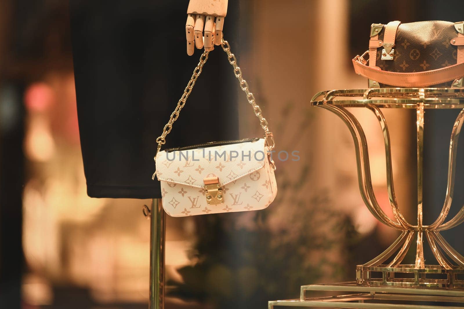 LILLE, FRANCE - FEBRUARY 21,2024 : Bag Louis Vuitton in the shop window at famous store.