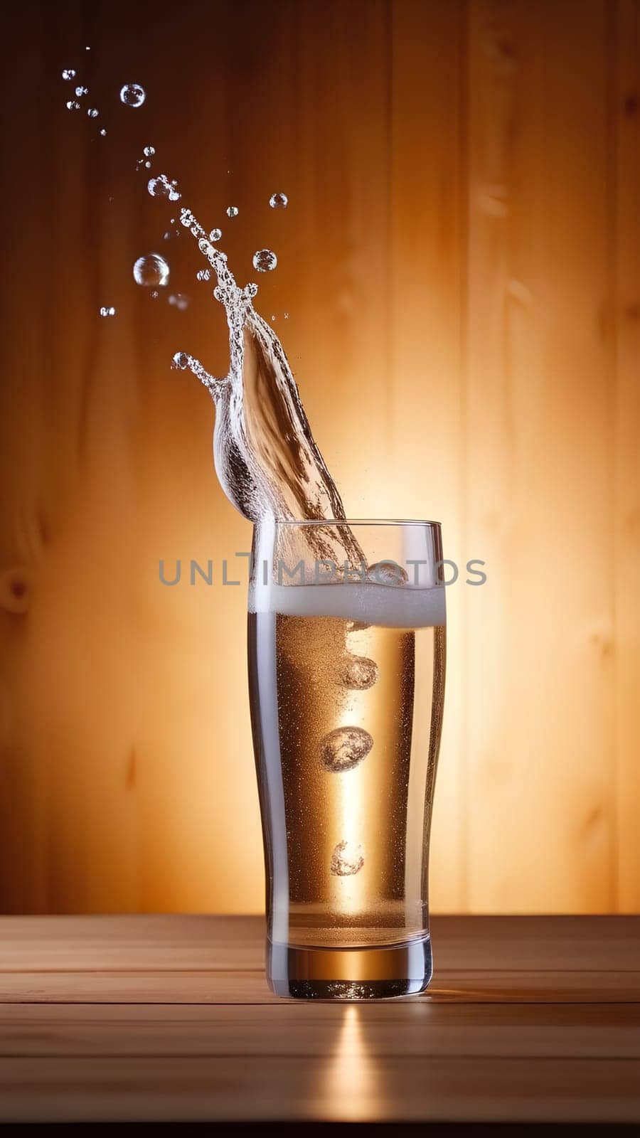 Transparent glass glass with mineral water, splashing water