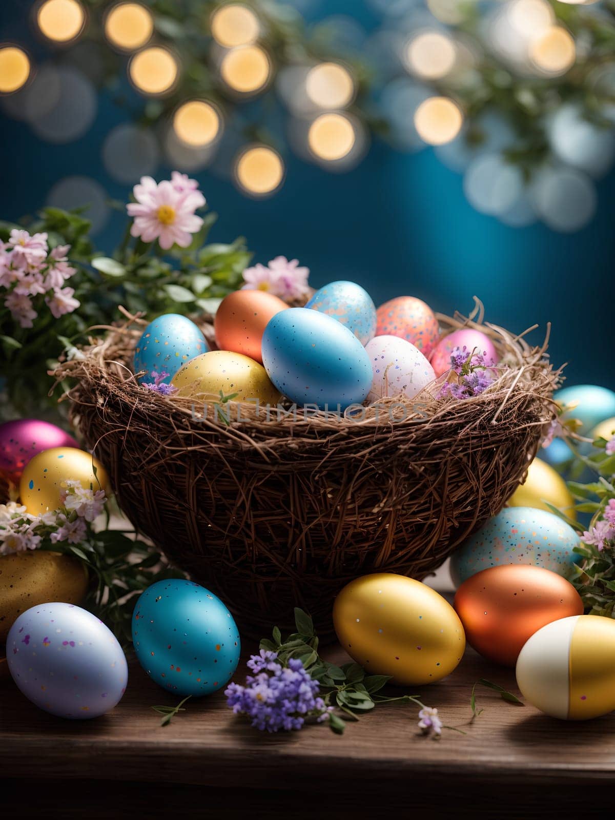 Easter multicolored eggs in nest on dark blue background with flowers