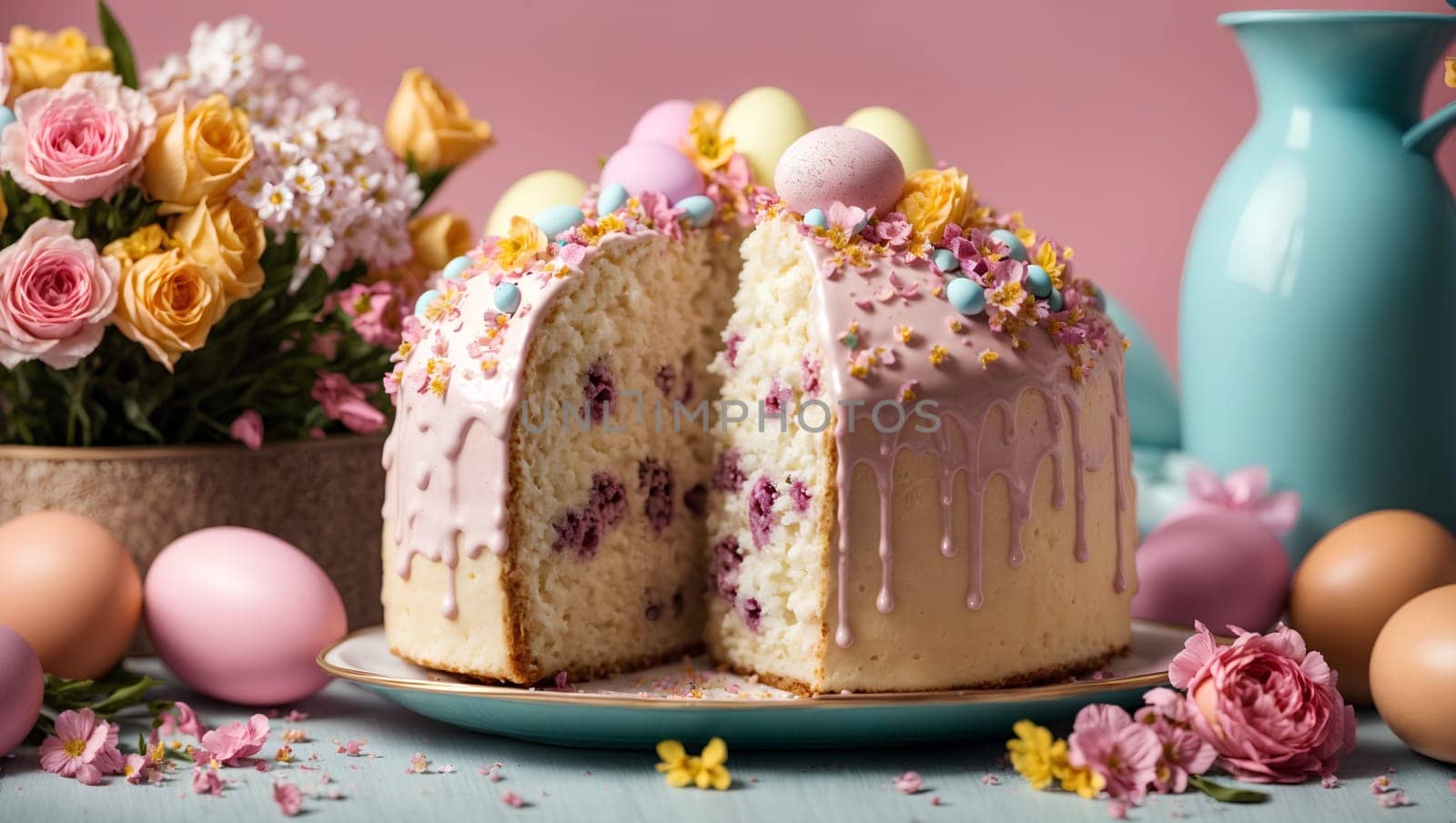 Multicolored Easter cake with Easter eggs and flowers on a pink background