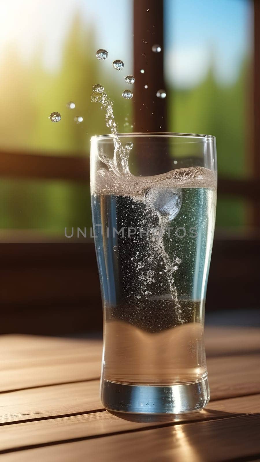 Transparent glass glass with mineral water, splashing water