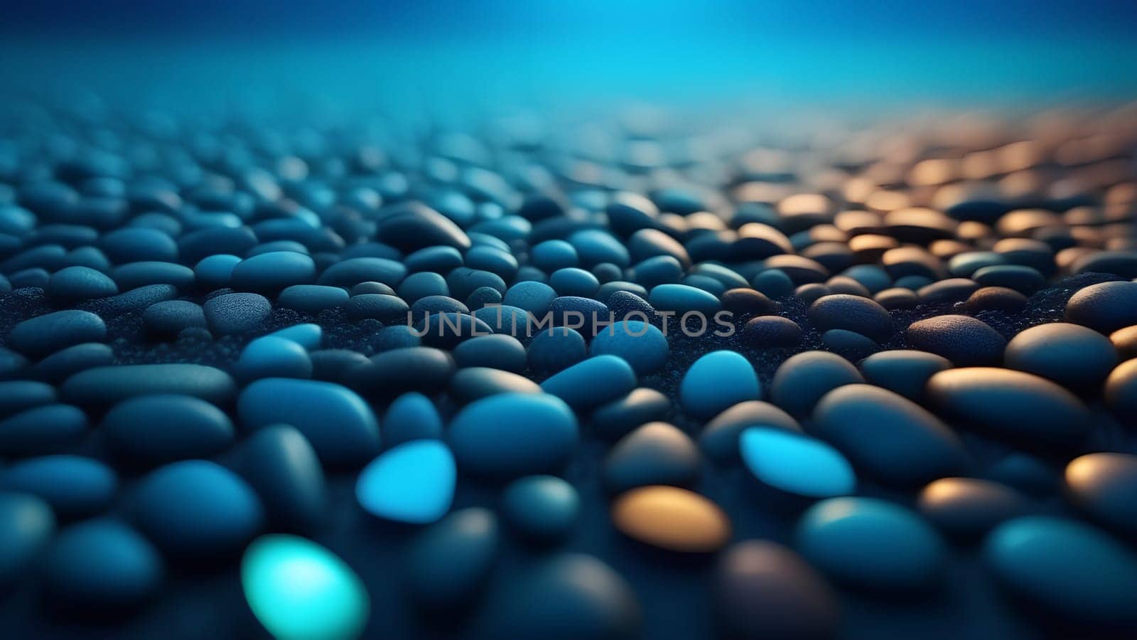 Calm background of small blue pebbles, abstract sea stones with natural texture in dark blue color, banner