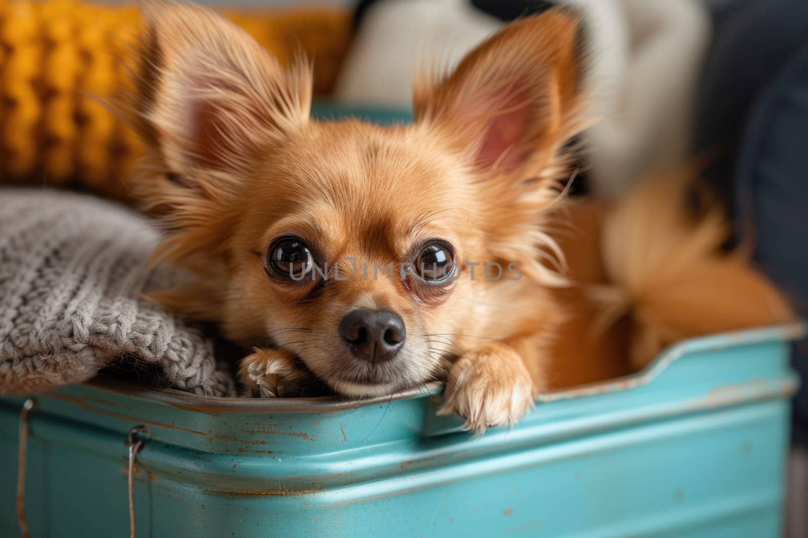 cute dog in a travel carrier box. ai generated by Desperada