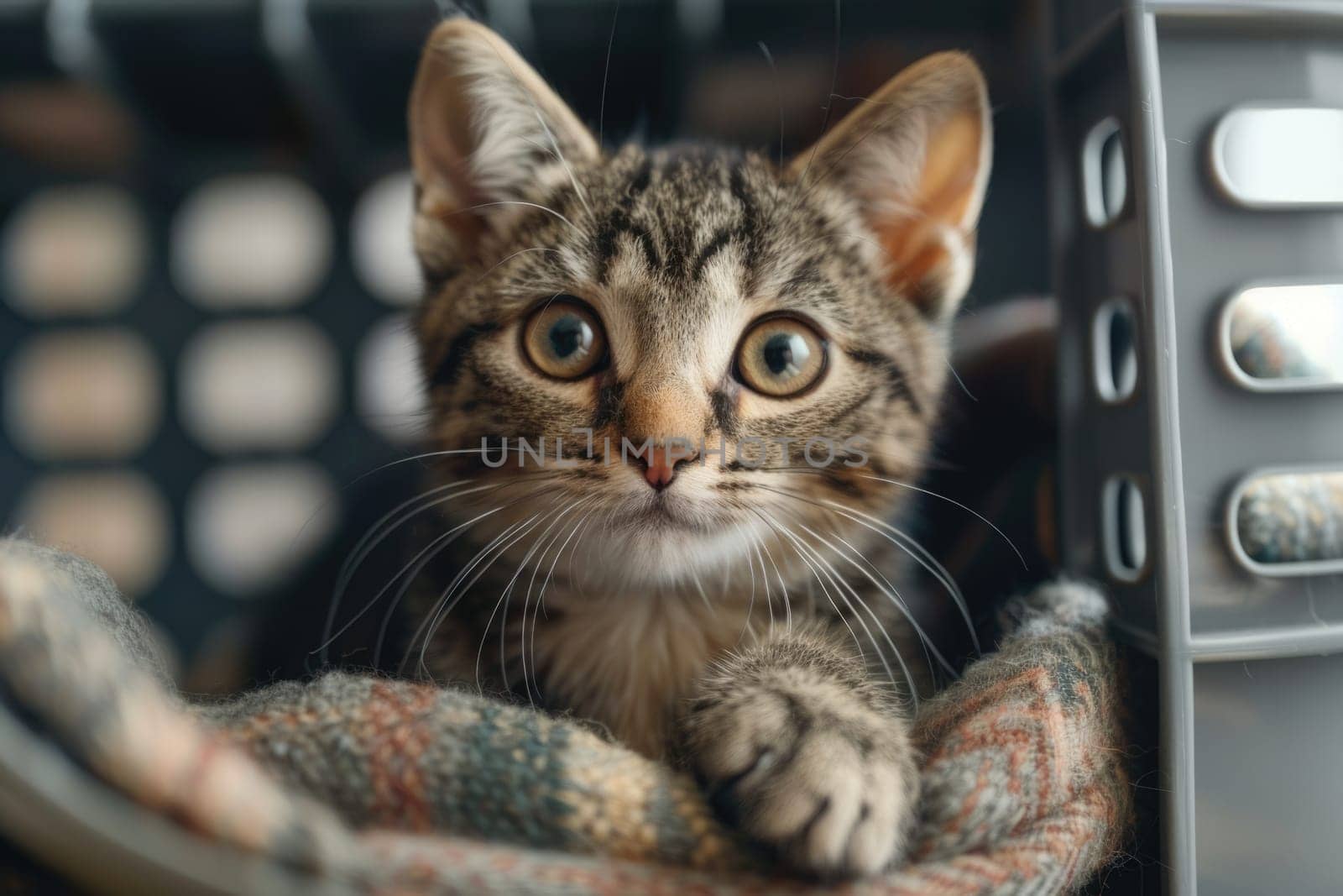 cute tabby cat sitting in pet carrier box. ai generated by Desperada