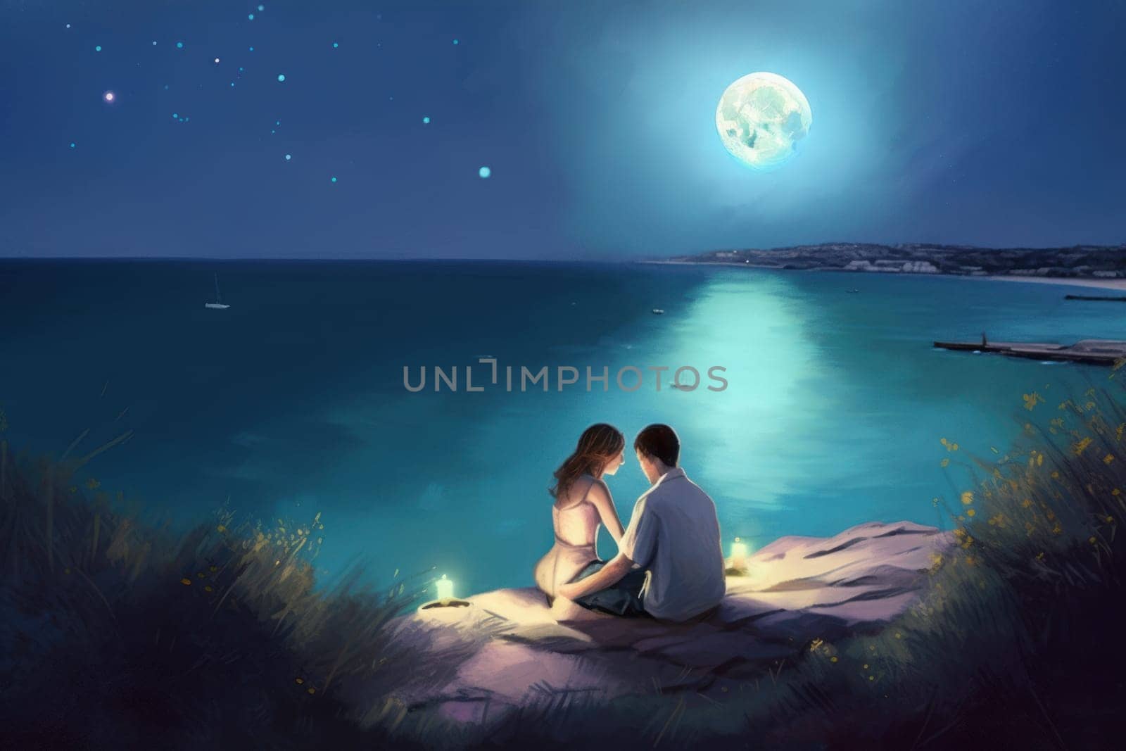 Love couple on the beach. Moon at the sky. Generate Ai