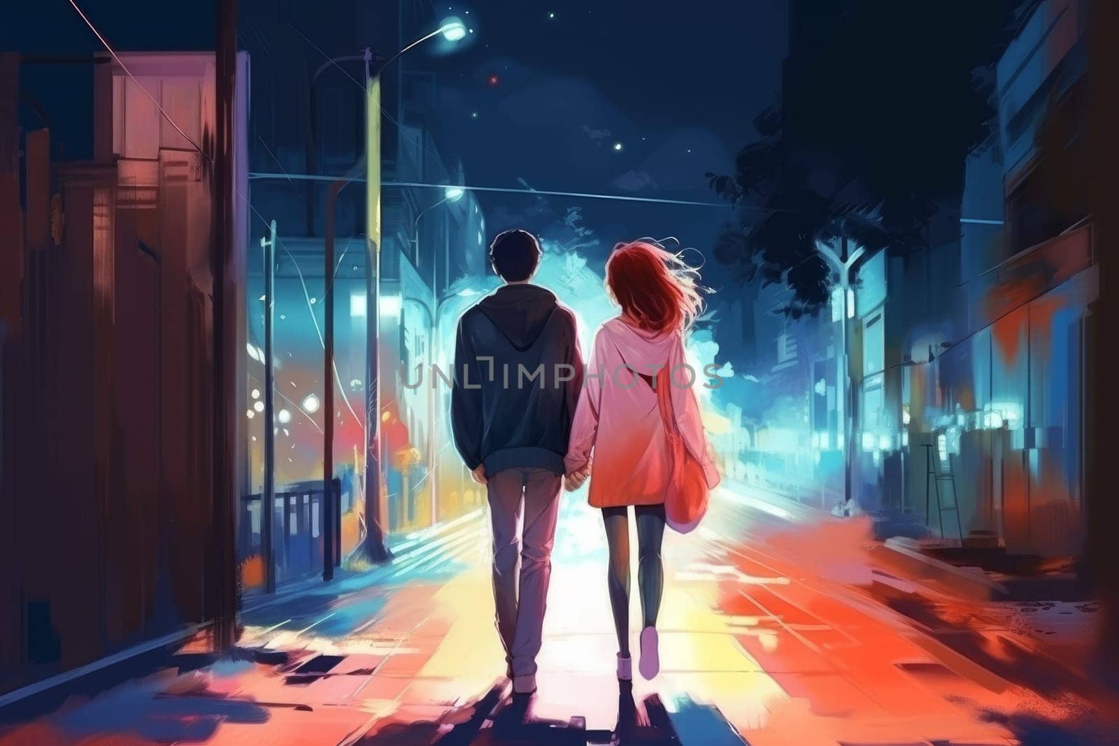 Love couple walking on street. Romantic night city by ylivdesign