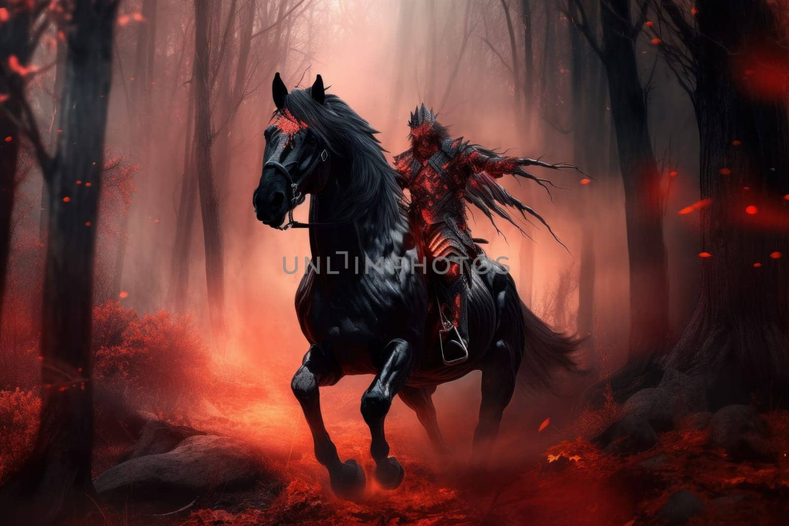 Demon horse in fog forest. Magic dark rider. Generate Ai