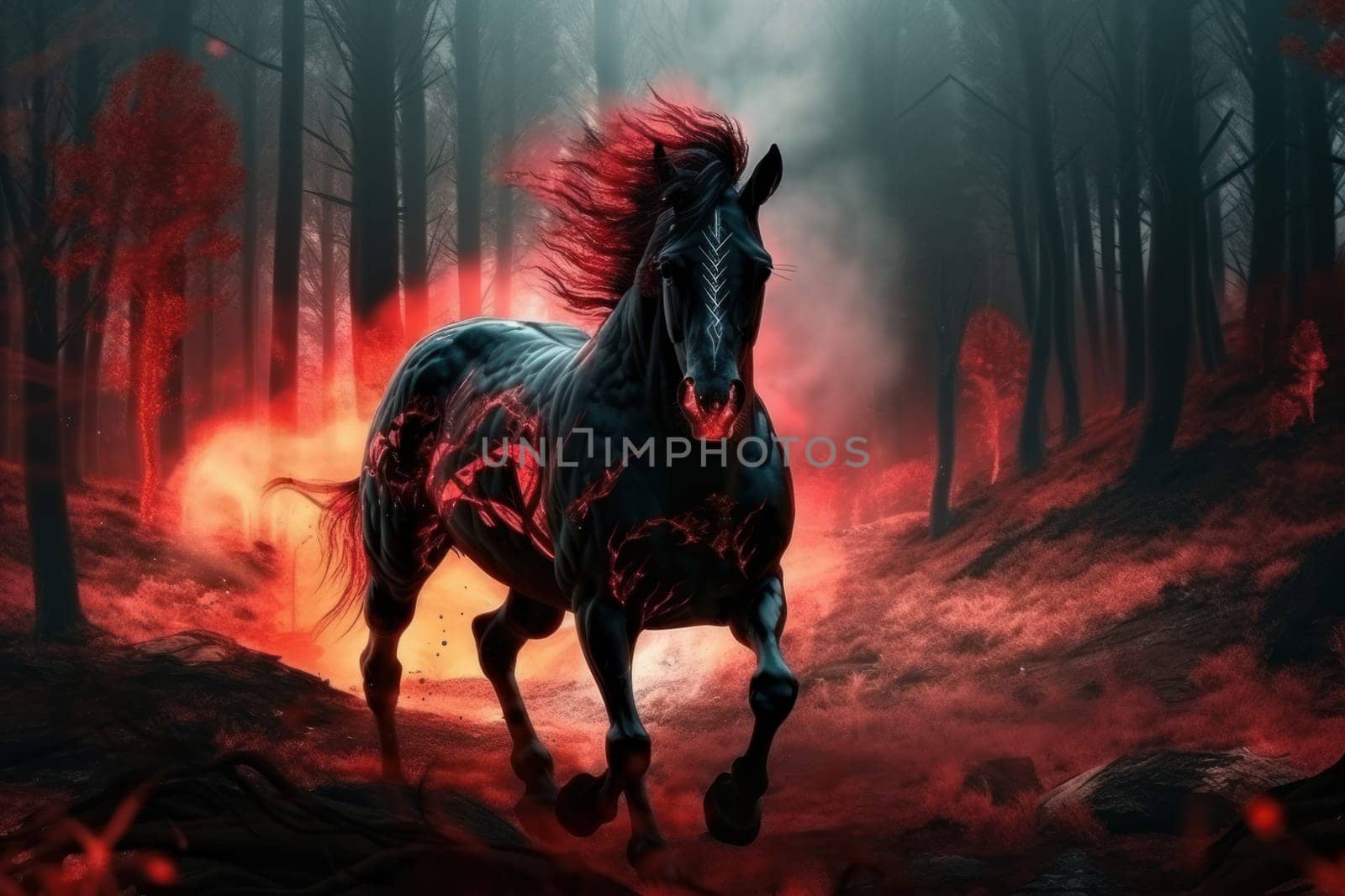 Fire horse in night forest. Fog fantasy night by ylivdesign
