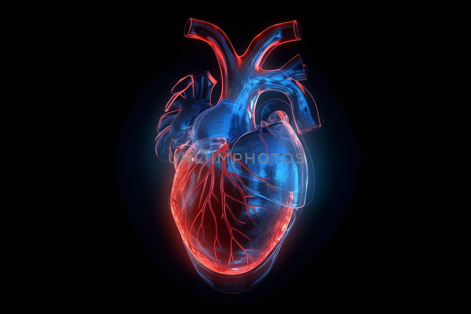 Red, blue heart on black background. Human body anatomy. Generate Ai