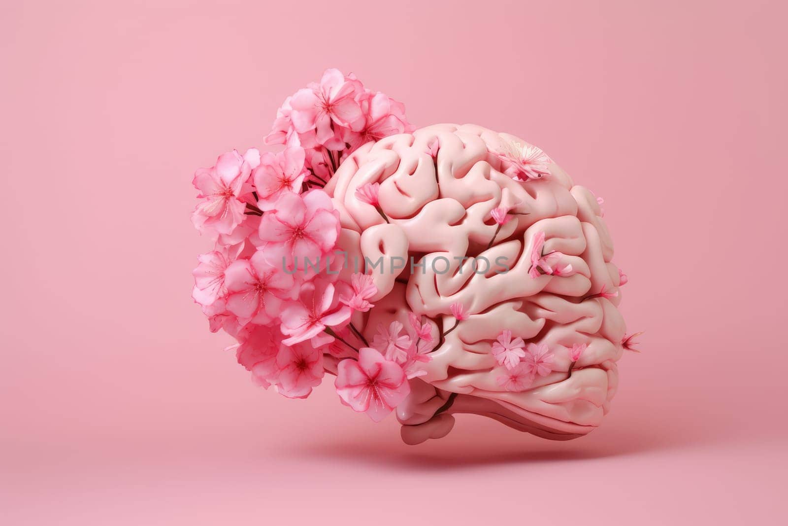 Mental health brain on pink background. Flower human health by ylivdesign