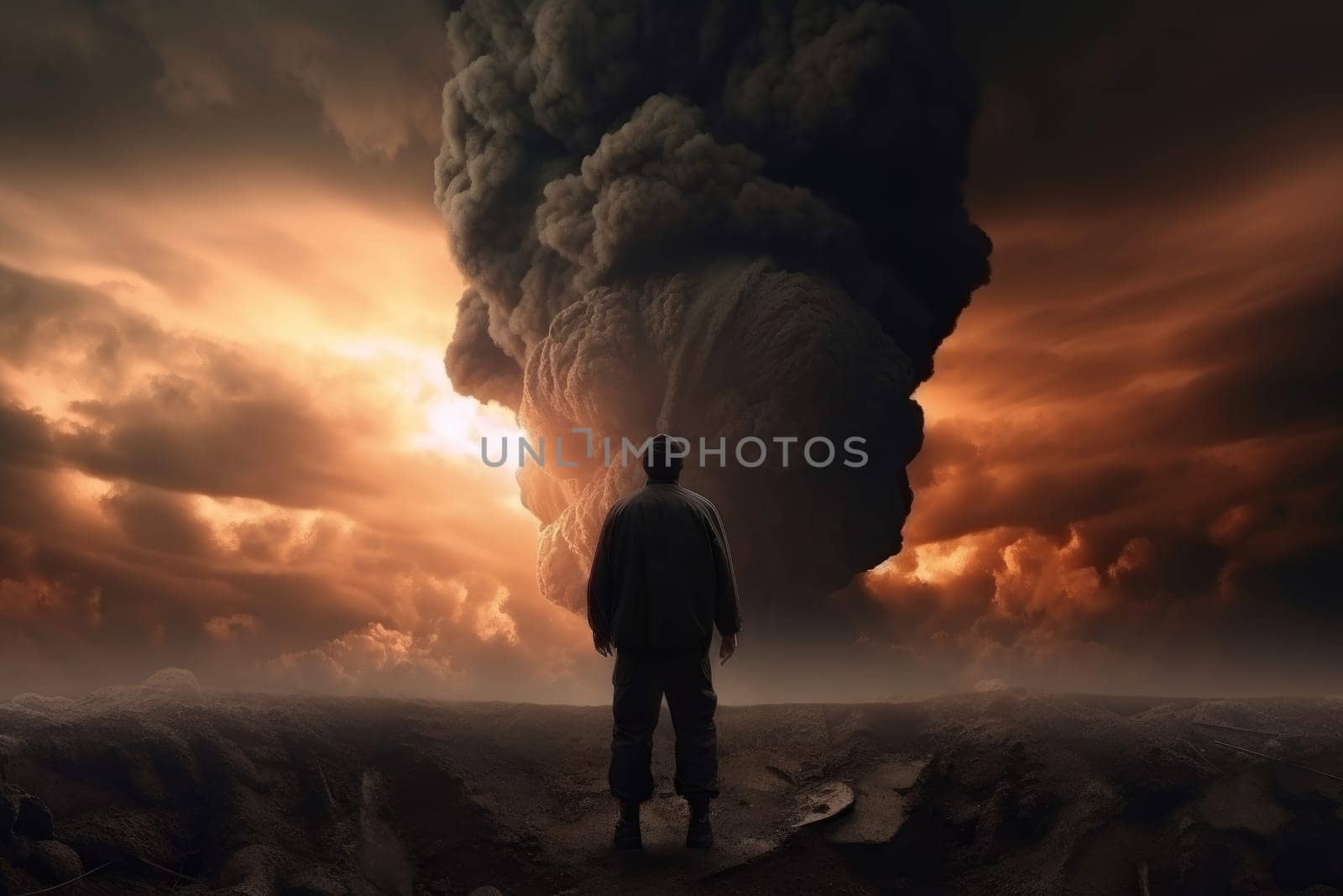 Apocalyptic epic scene with man in front of explosion. The End of the world. Generate Ai