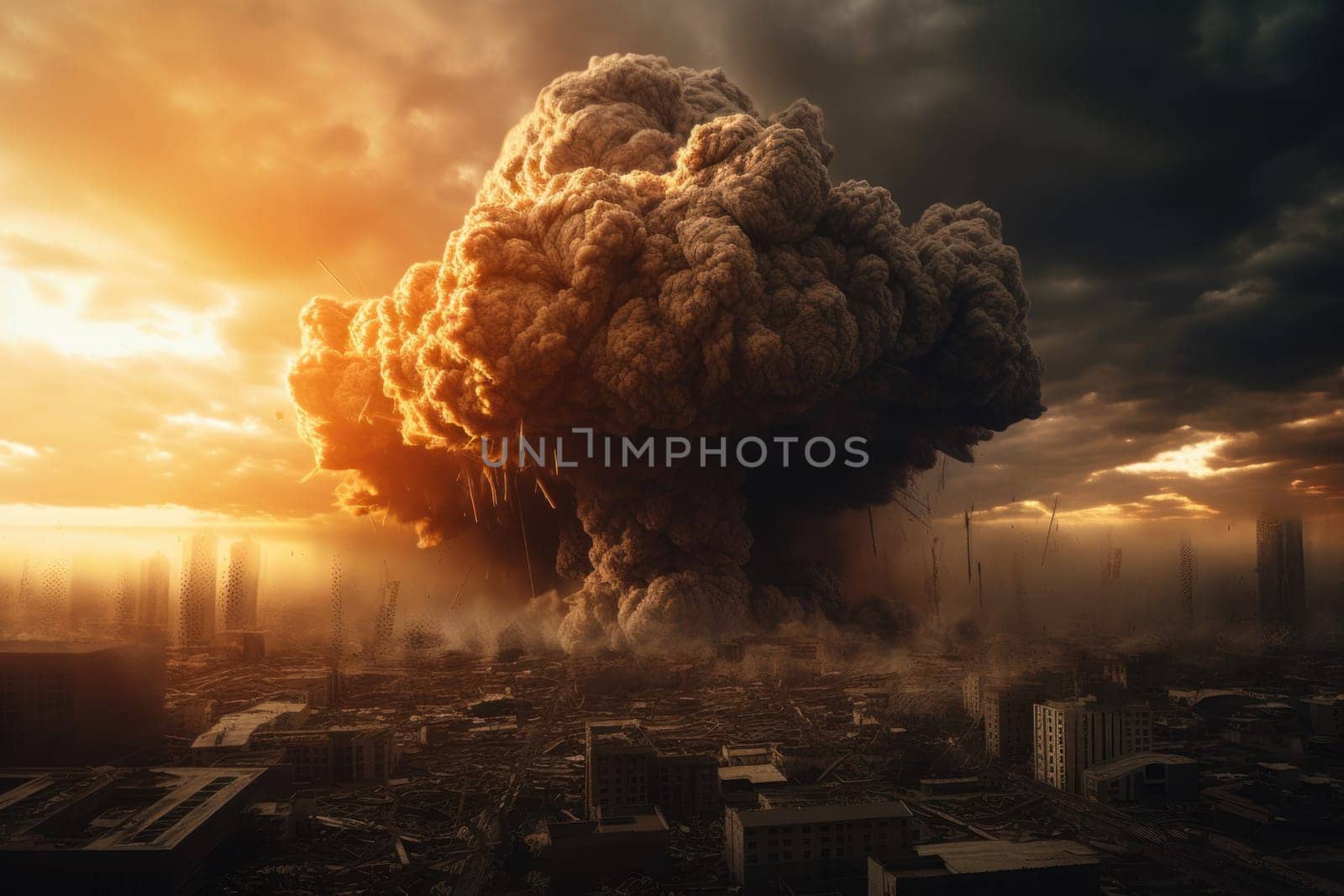 Apocalyptic epic scene in city. End of the world with big explosion. Generate Ai