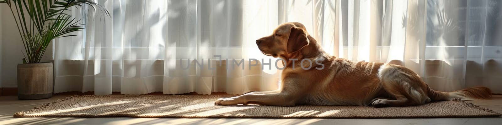 Cute relaxed dog lying on cool mat in hot day , white wall background, summer heat. ai generated by Desperada