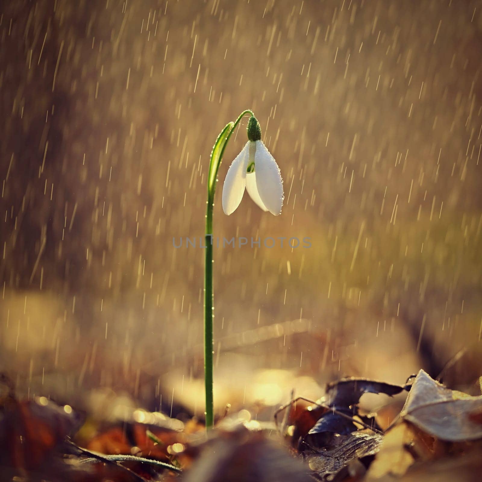 Spring colorful background with flower - plant. Beautiful nature in spring time. Snowdrop (Galanthus nivalis). Rain at sunset in the forest.