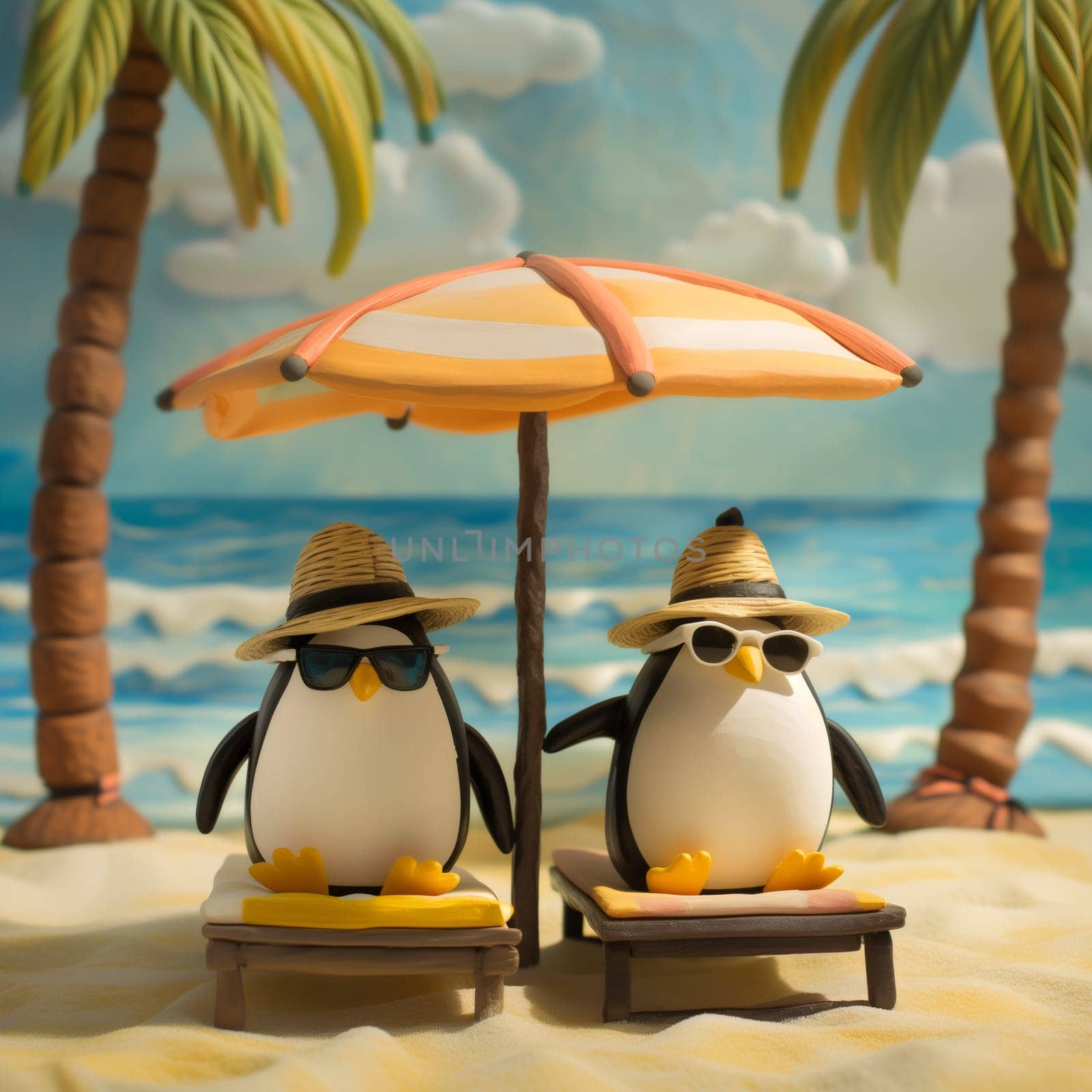 Two small plasticine penguins are sitting on sun loungers under an umbrella on the sandy seashore among palm trees, close-up side view.