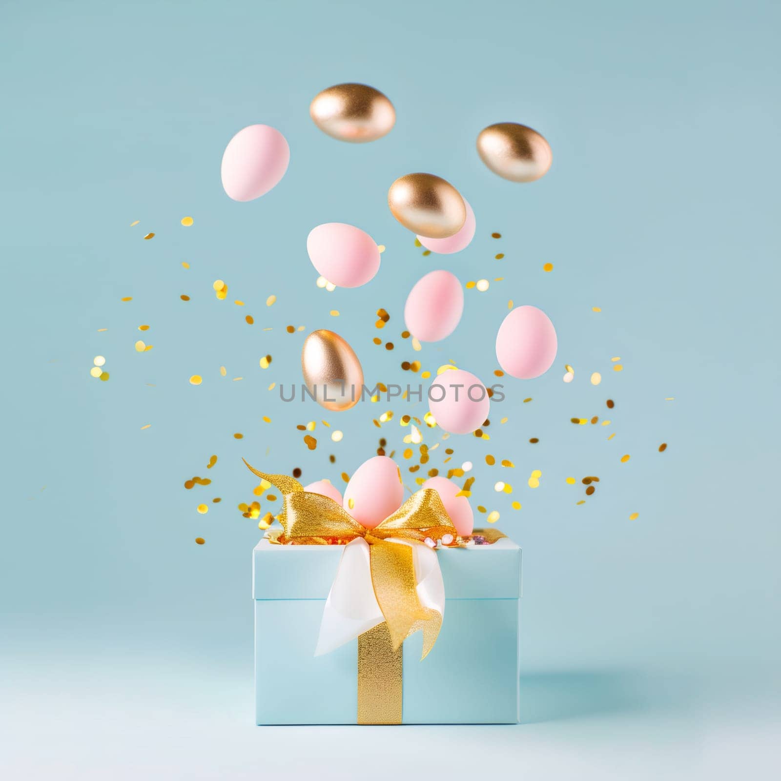 Falling pink and gold Easter eggs with shiny confetti in a gift box with a ribbon bow standing on a light blue background, side view close-up.