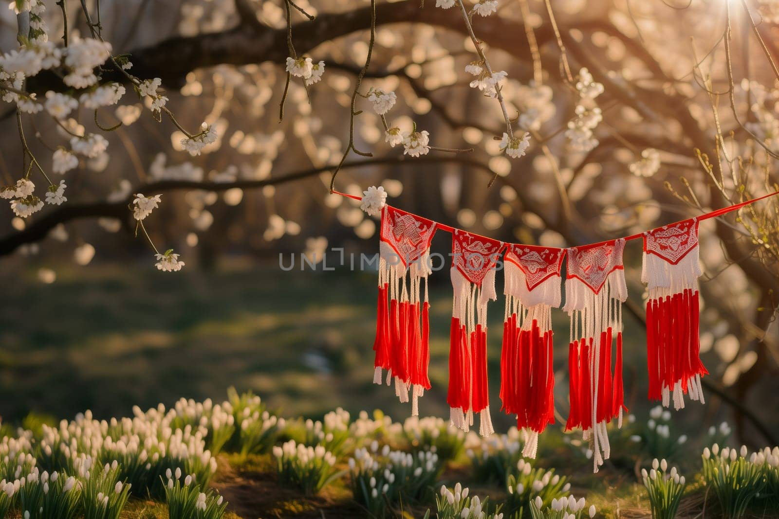 Five knitted red and white martisor threads hang on a tree branch on the right in a garden with snowdrops in the early morning and copy space on the left, side view close-up with depth of field.