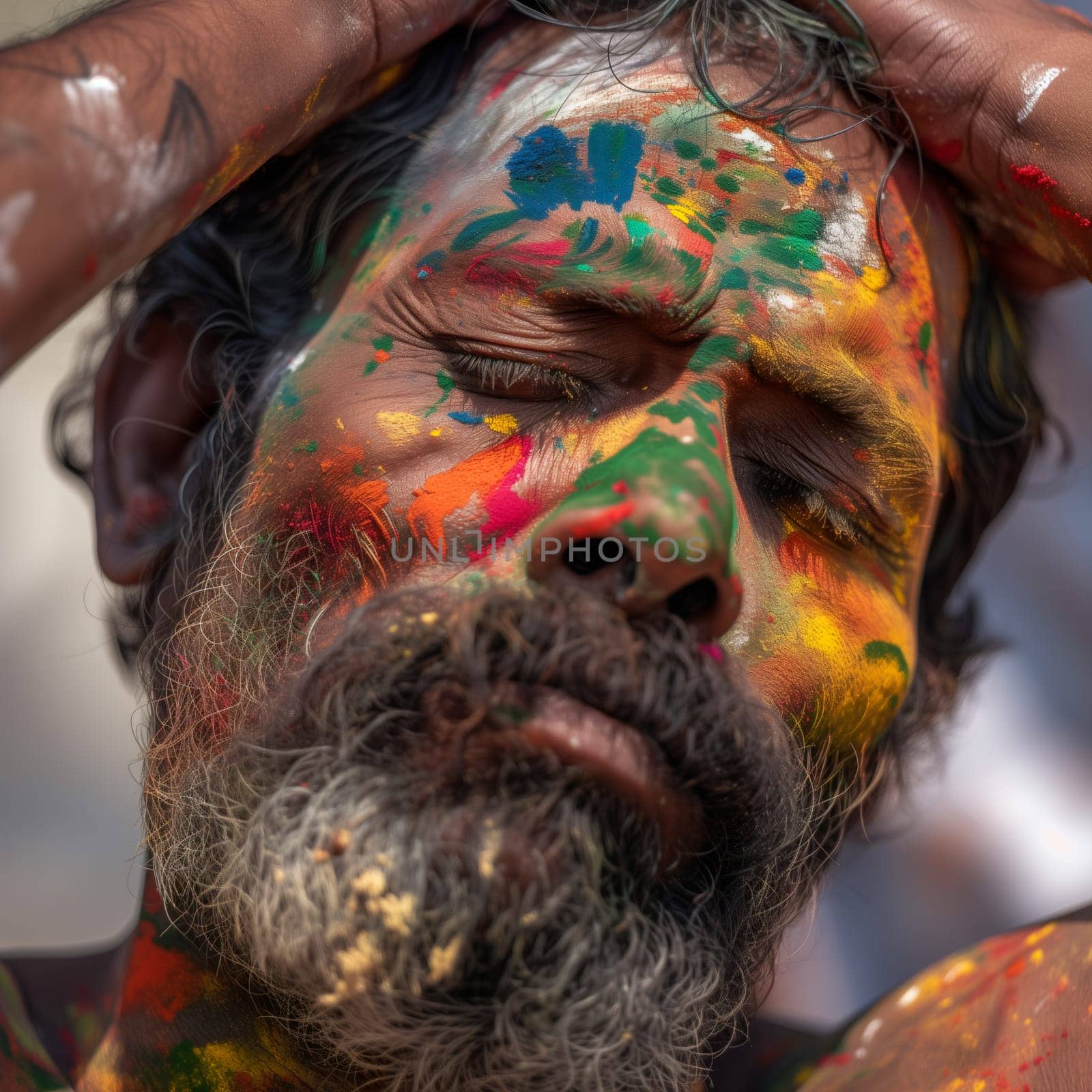 Portrait of one Indian bearded black man with colorful paints on his face with closed eyes and a peaceful emotion celebrating holy festival,view close up.