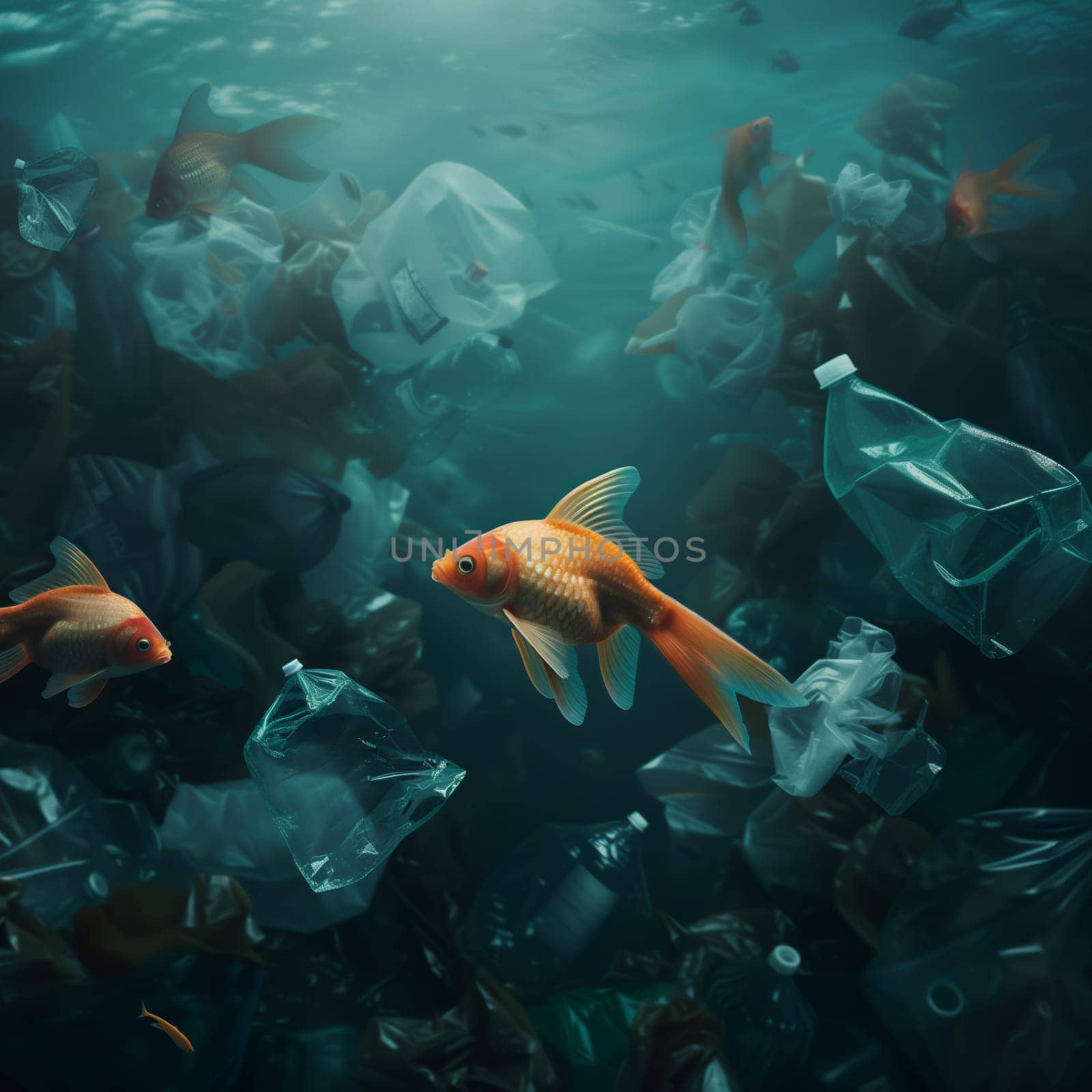 Two goldfish swim in the dark oceans with a pile of plastic trash, side view close-up.