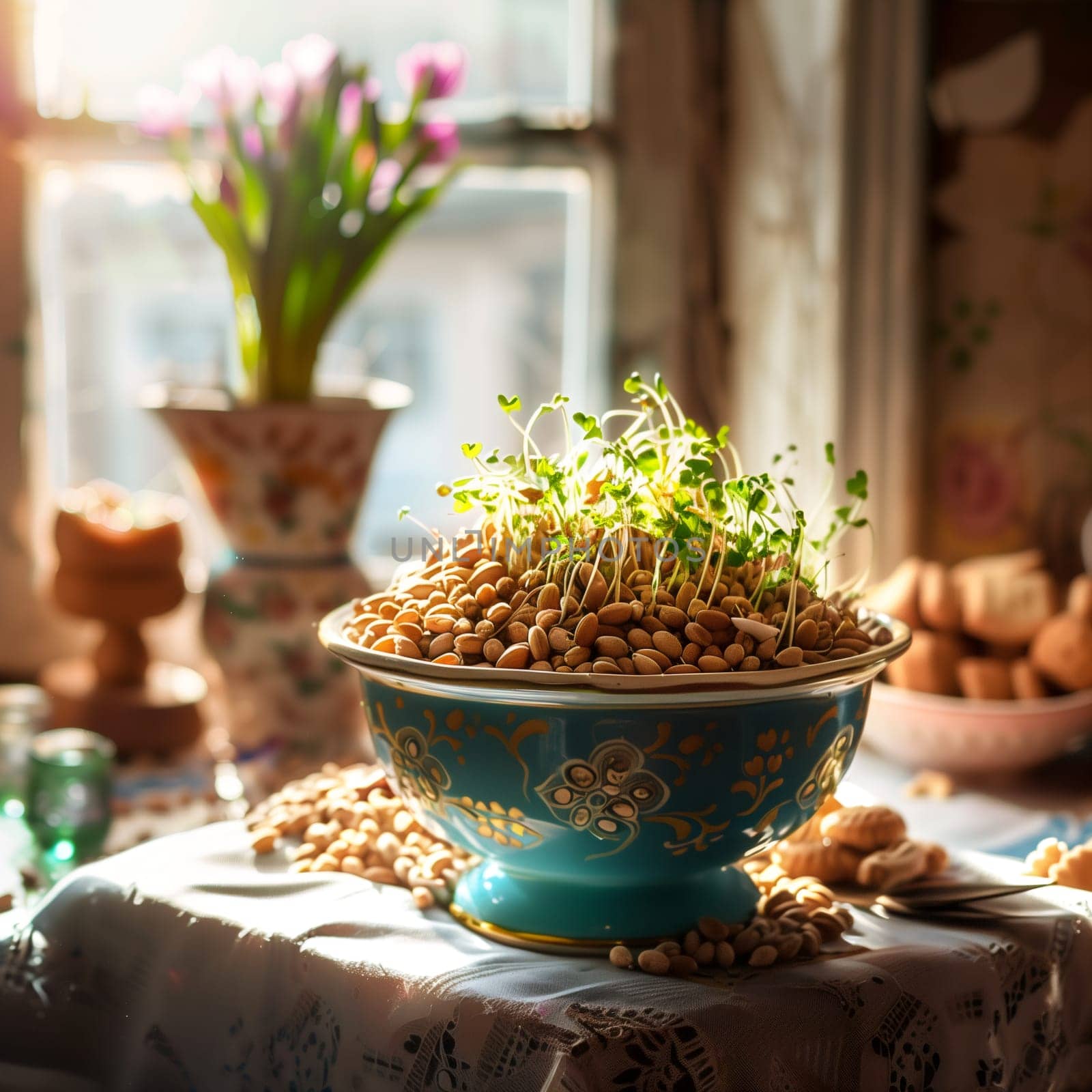 Sprouted wheat in a traditional dish stands on the table by the window in the kitchen early in the morning, close-up side view.