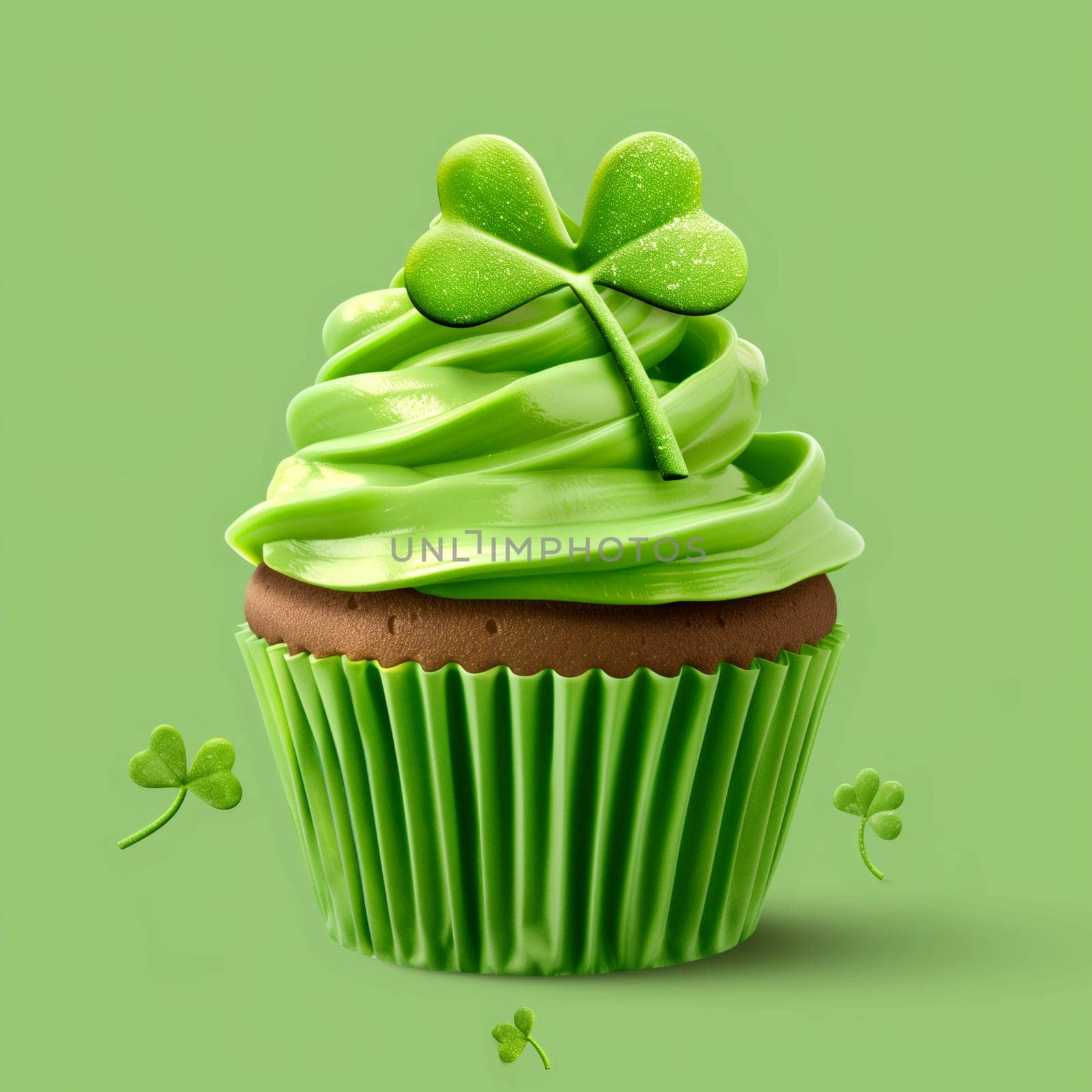 One freshly baked cupcake with green buttercream and falling shamrock leaves stands on a green background, side view close-up.