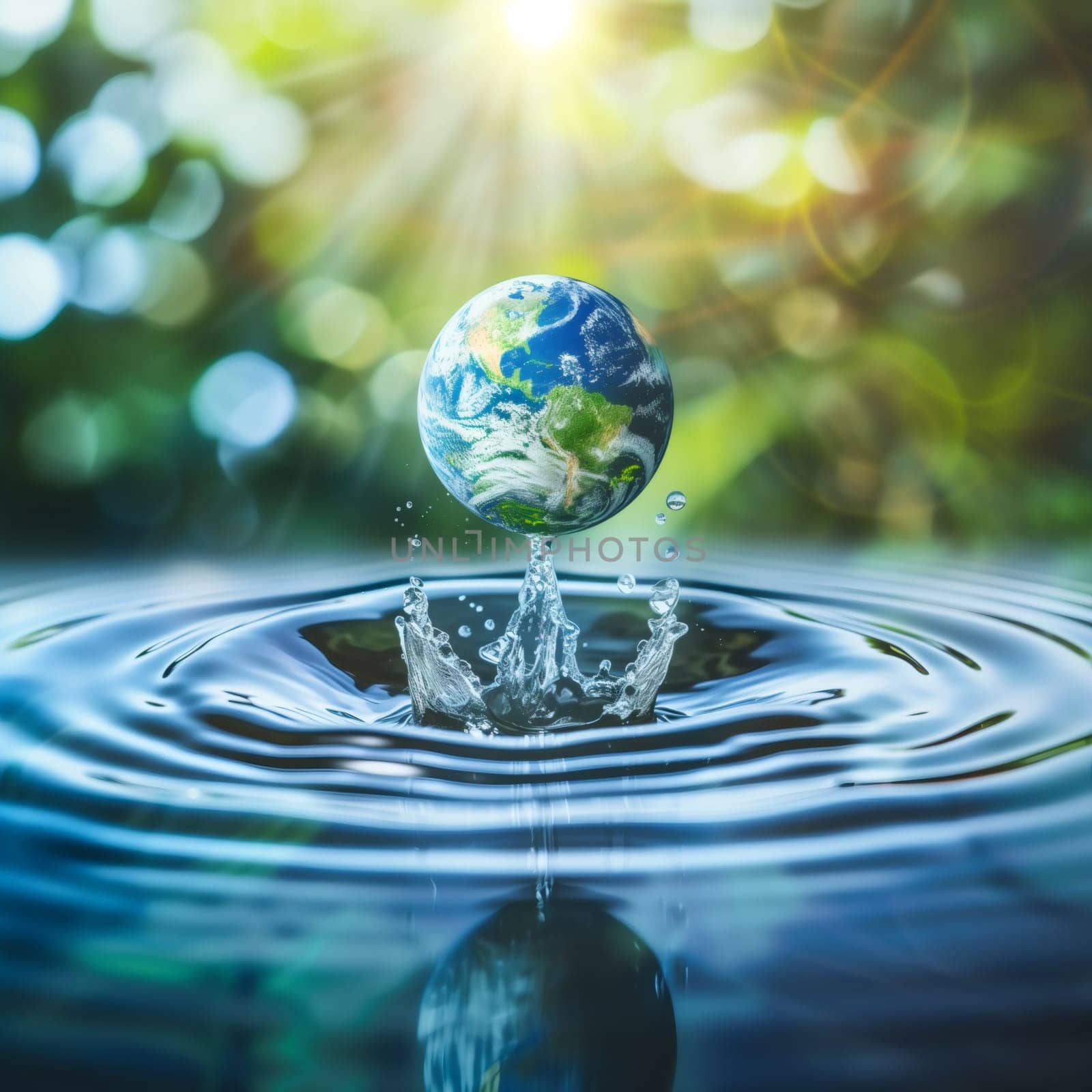 Glass ball planet earth with splashes of water on a nature background. by Nataliya